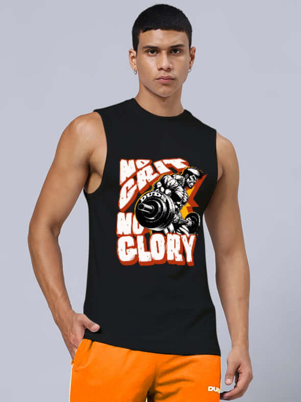 NO GRIT NO GLORY PRINTED RELAXED FIT GYM T-SHIRT BLACK on a model, showcasing bold print design and casual style.