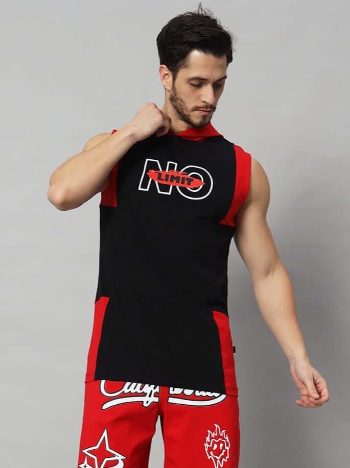 Man wearing NO LIMIT GYM regular t-shirt in black and red with custom fit option available for purchase.