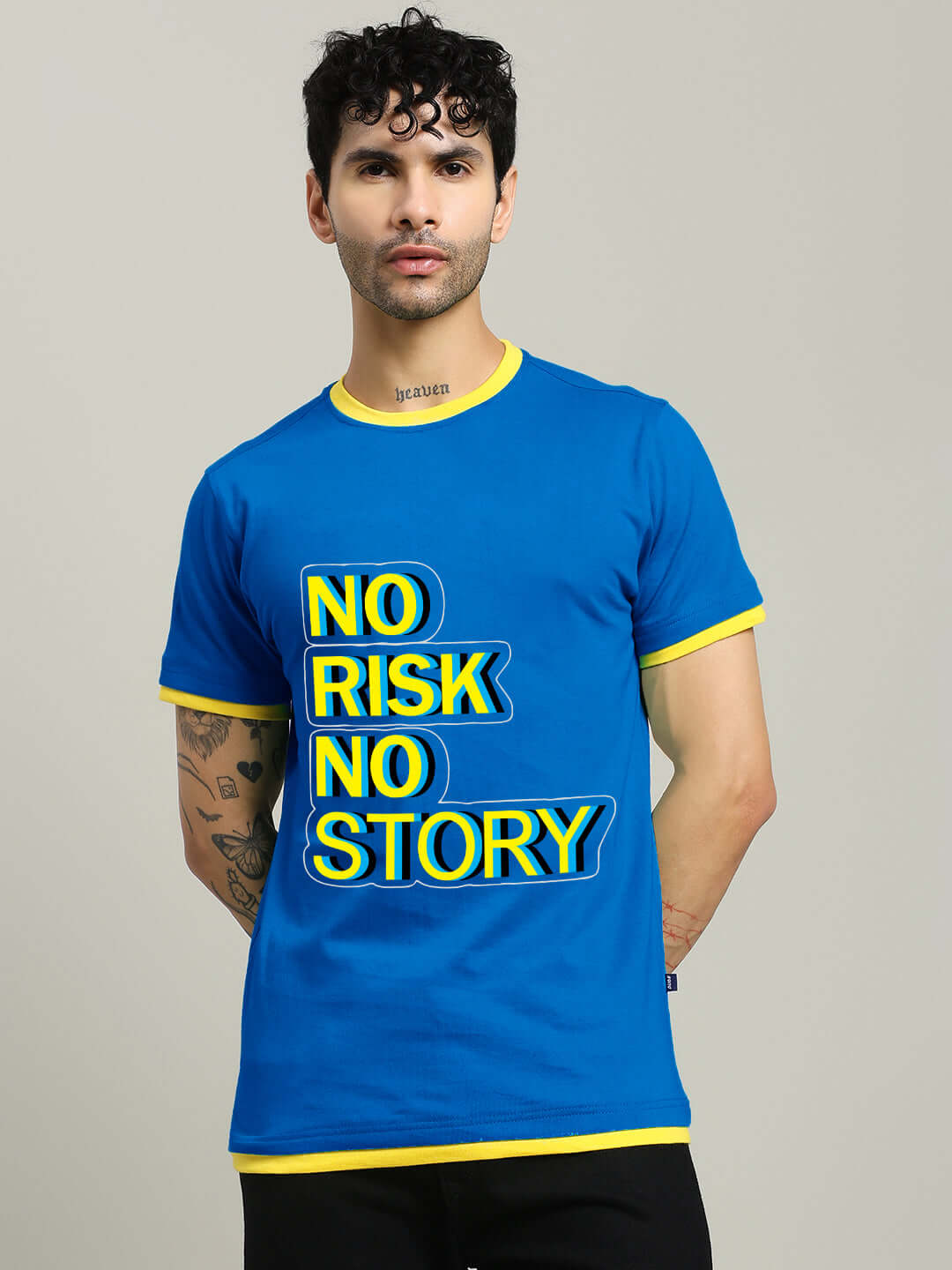 Man wearing NO RISK PRINTED REGULAR FIT T-SHIRT ROYAL BLUE, bold and stylish design with comfort in premium-quality cotton.
