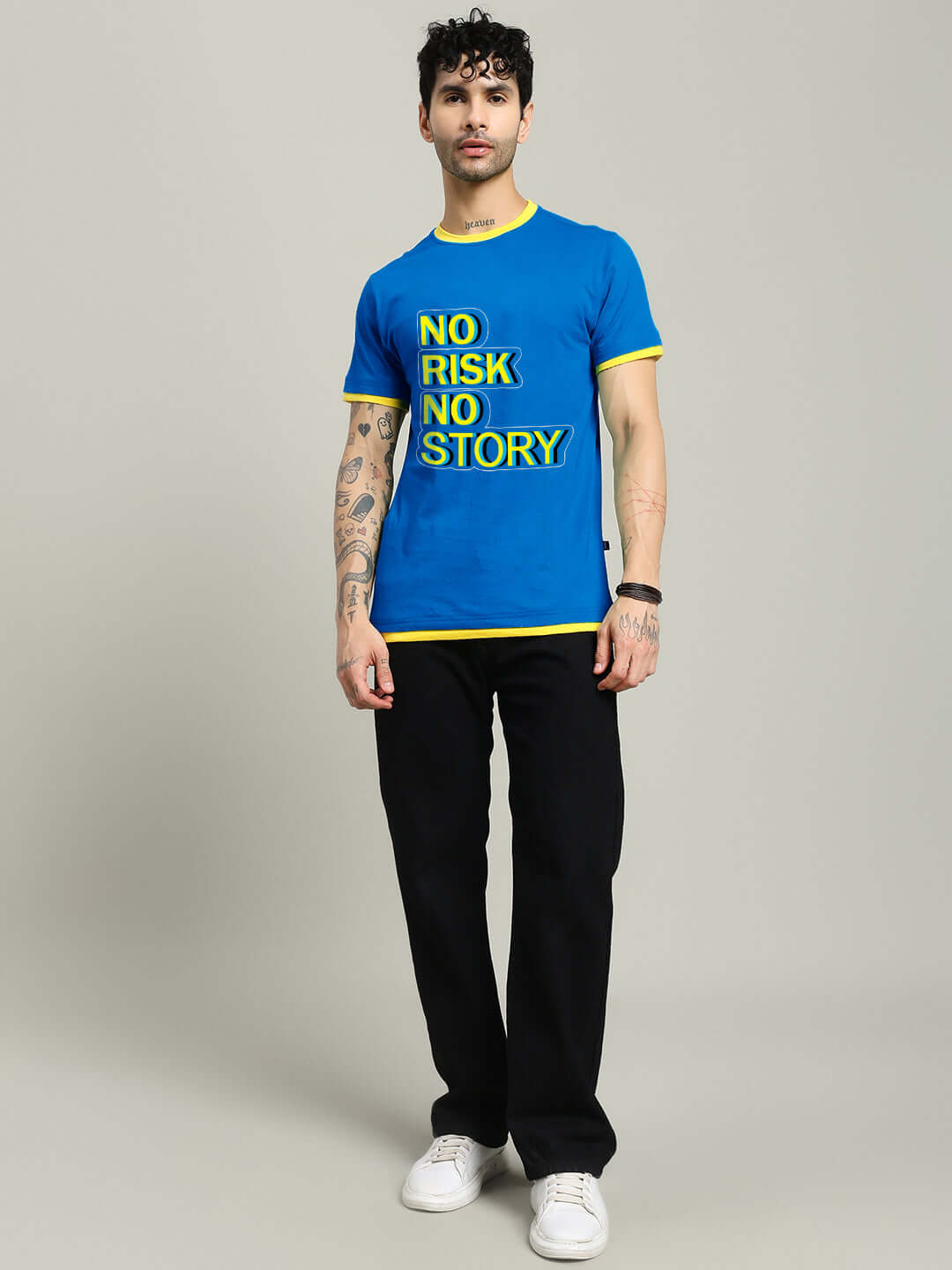 NO RISK PRINTED REGULAR FIT T-SHIRT ROYAL BLUE on a model with bold text design.