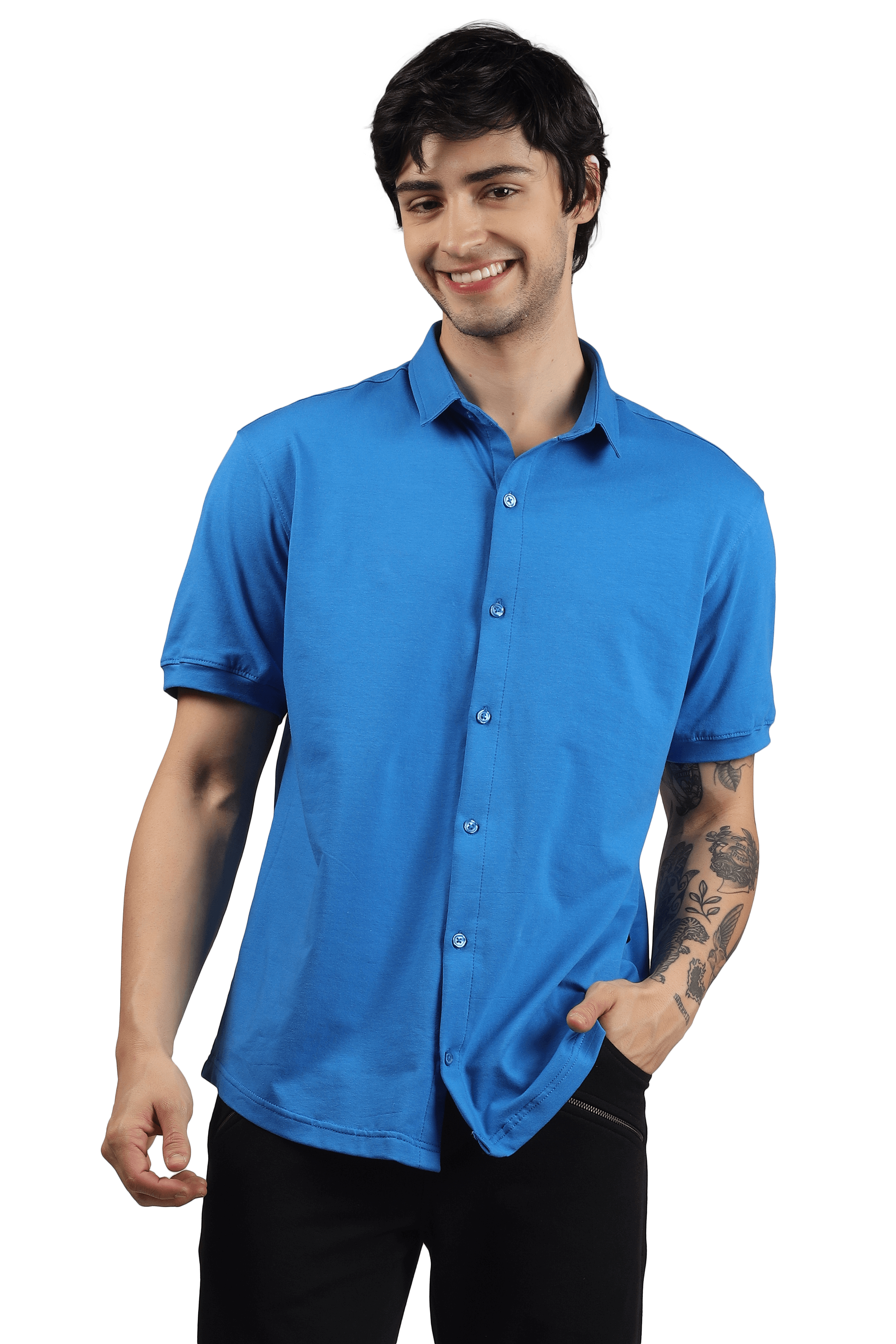 Man wearing a NOIR blue shirt with half sleeves, showcasing a slim fit and curved hem design. Made from 100% cotton lycra for comfort.