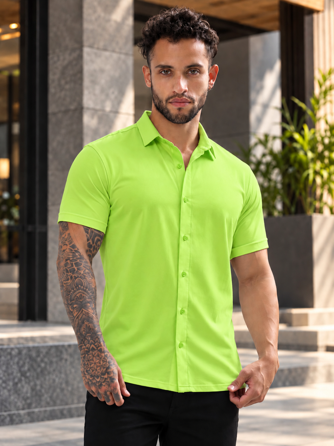 Man wearing NOIR NEON GREEN HALF-SLEEVE SHIRT SLIM FIT, styled for office wear and casual outings