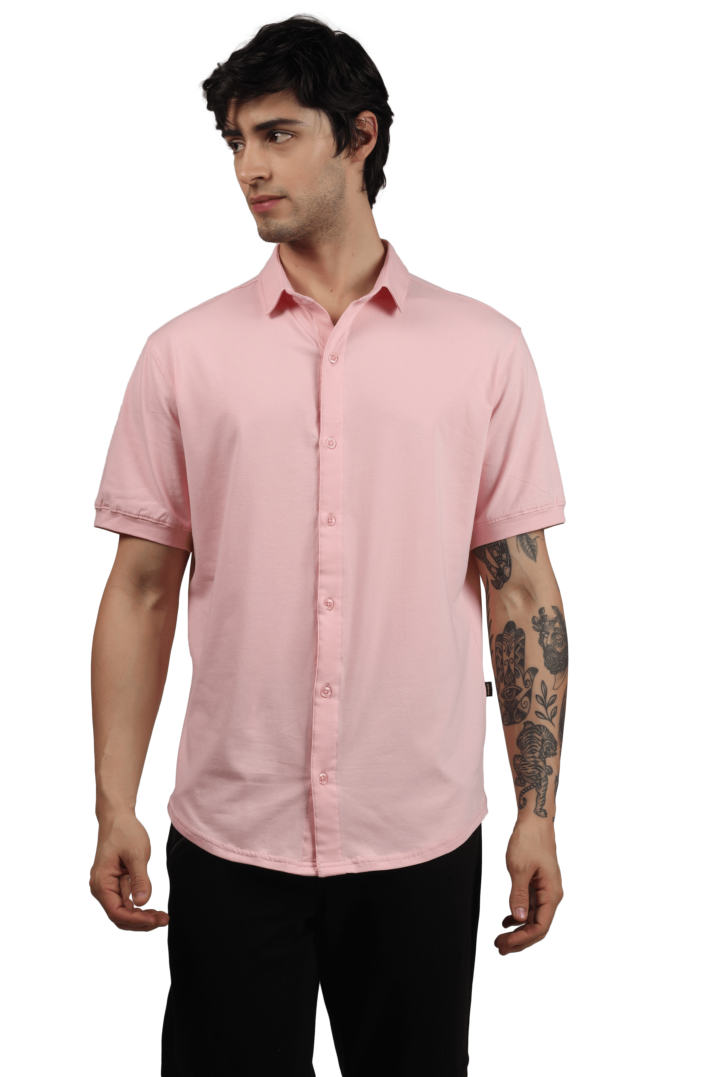 Model wearing Noir Blush Pink shirt with half sleeves, comfortable slim fit, wrinkle-free cotton lycra fabric, and curved hem design.