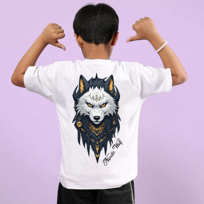 Boy wearing NORDIC WOLF OVERSIZED T-SHIRT FOR BOYS & GIRLS WHITE with wolf design on purple background.