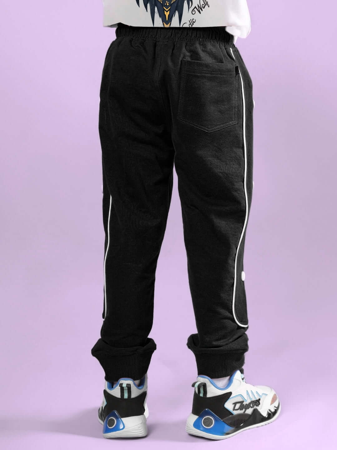 Rear view of Nordic Wolf Co-Ord for Boys & Girls White-Black with black pants and sneakers, perfect for stylish kids.