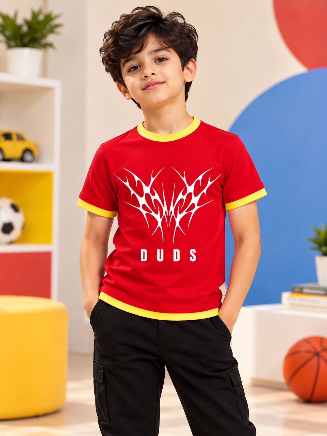 NORIBA REGULAR FIT T-SHIRT FOR BOYS GIRLS RED with yellow trim and DUDS print, worn by boy