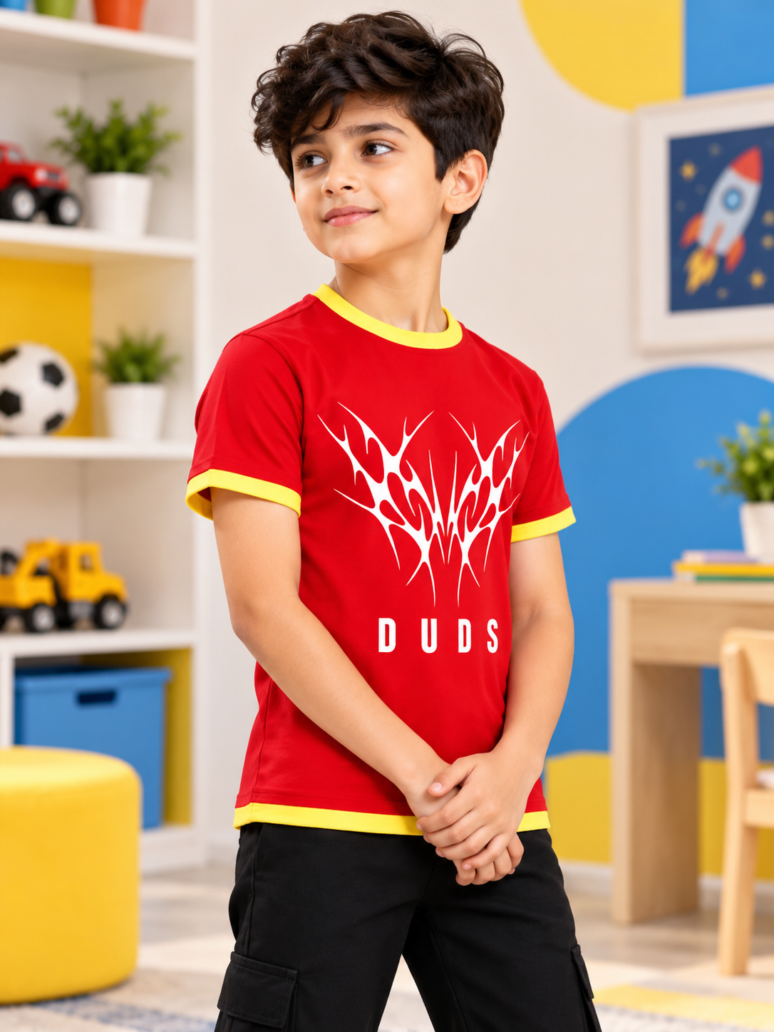 NORIBA REGULAR FIT T-SHIRT FOR BOYS GIRLS RED worn by a young boy in a playroom setting