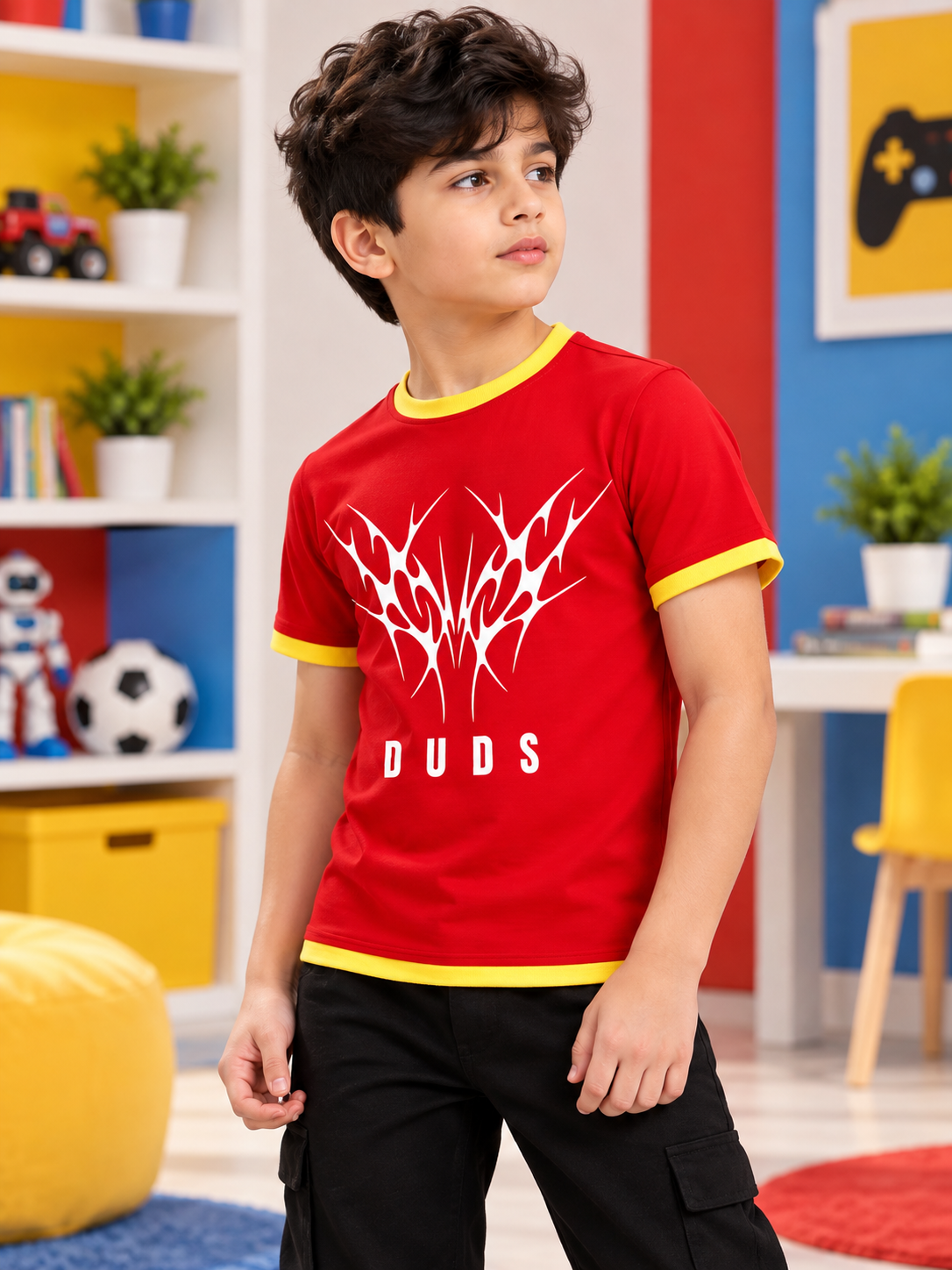 NORIBA REGULAR FIT T-SHIRT FOR BOYS GIRLS RED worn by a boy with graphic DUDS print and yellow trim