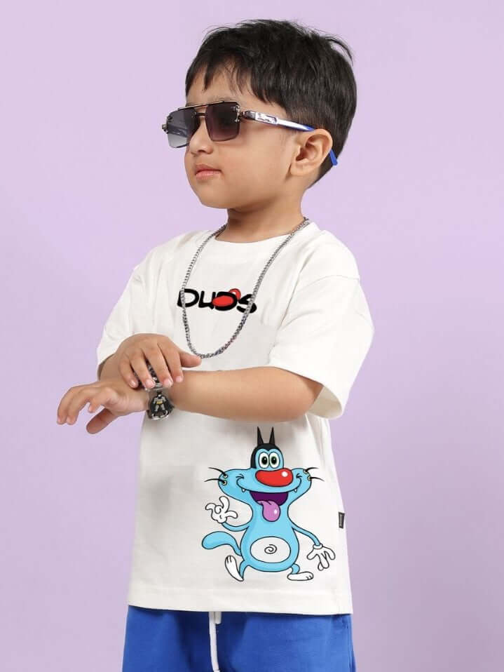 Child wearing OGGY PRINTED T-SHIRT FOR BOYS AND GIRLS OFF WHITE, featuring a colorful character print, perfect for casual playful style.