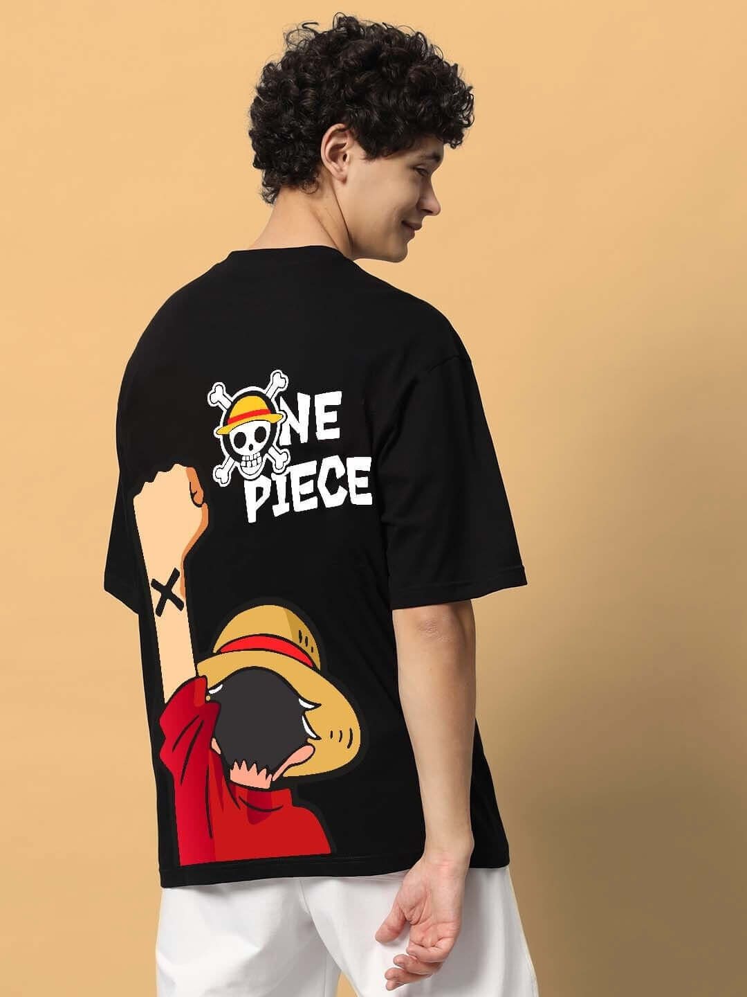 ONE PIECE over-sized black T-shirt with anime graphic on the back, customizable fit available for prepaid orders, handmade with care.