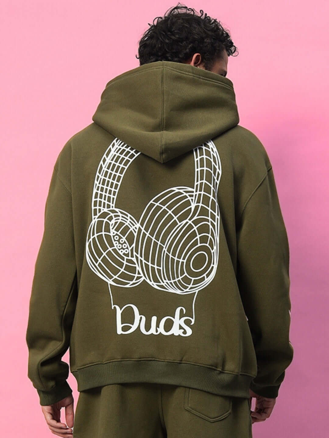 Back view of OPERA FLEECE HOODIE OLIVE GREEN with headphone design by DUDS