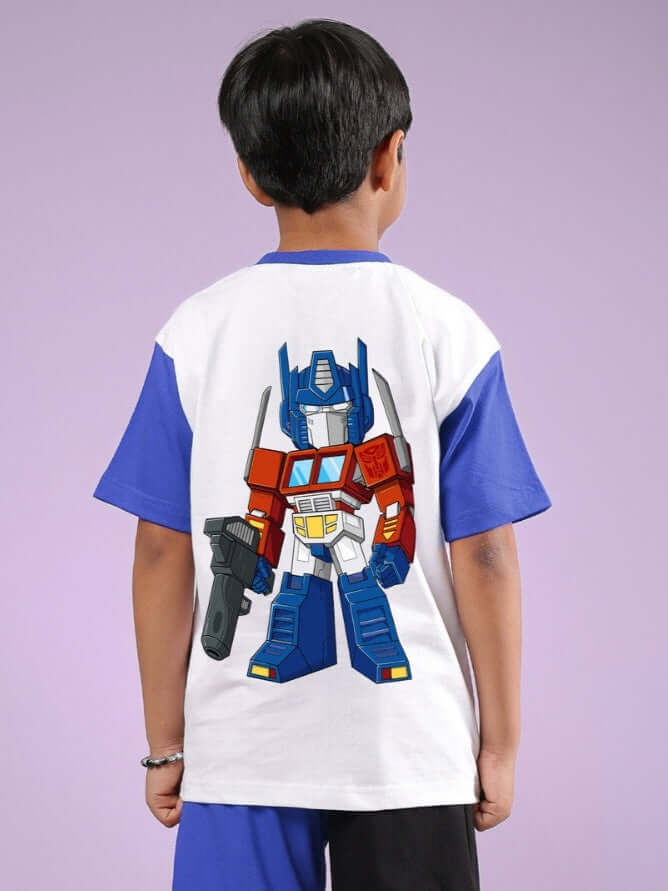 Optimus Prime graphic on white-blue t-shirt for kids, showcasing vibrant design and comfortable fit by DUDS.