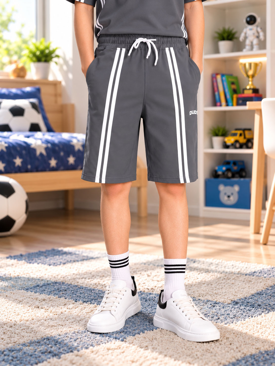 OUTLOOK SHORTS FOR BOYS GIRLS GREY with white side stripes, drawstring waist, worn in a cozy bedroom setting