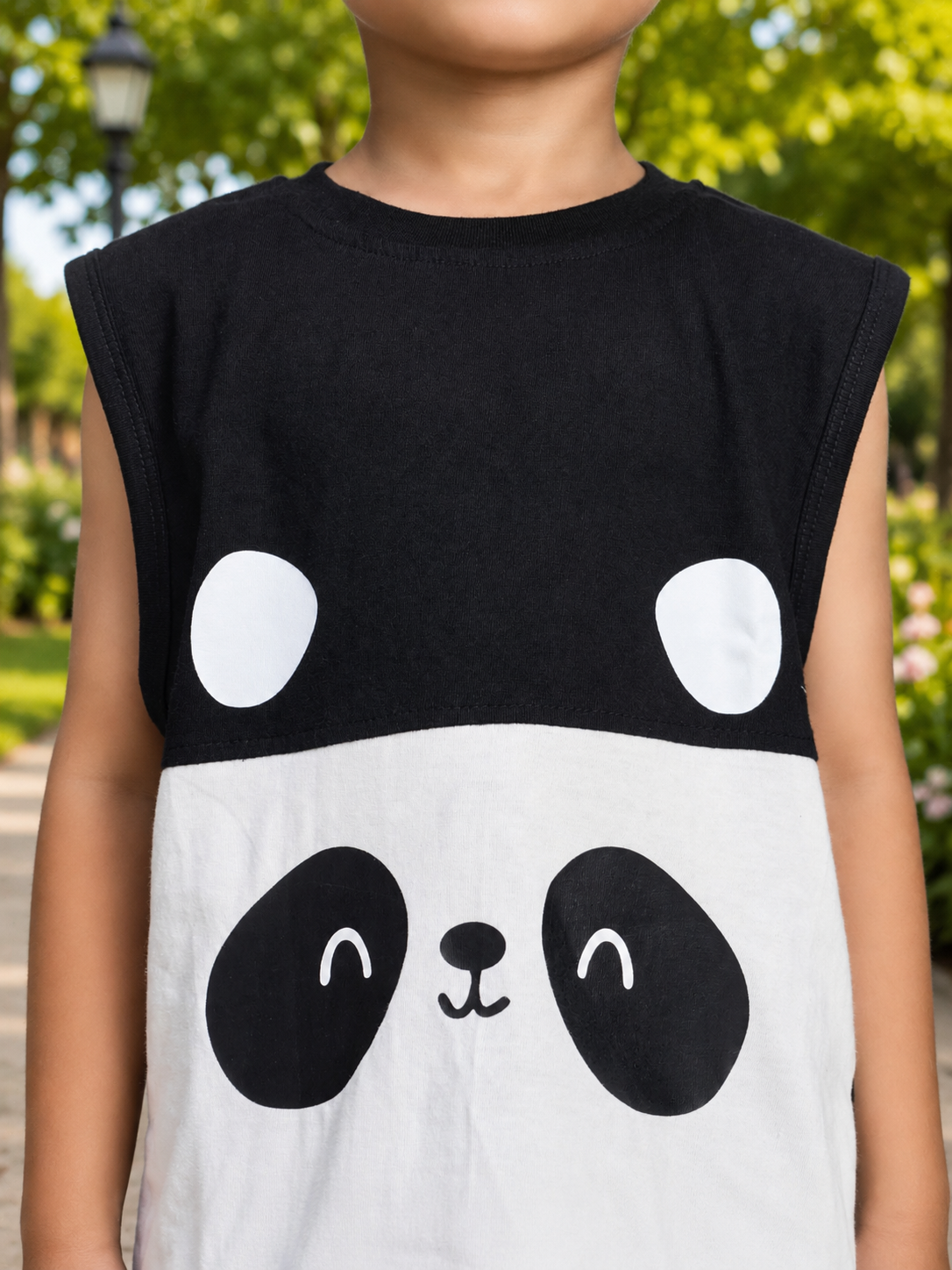 PANDA POP SLEEVELESS CO-ORD FOR BOYS GIRLS BLACK WHITE with panda design for kids in a park.