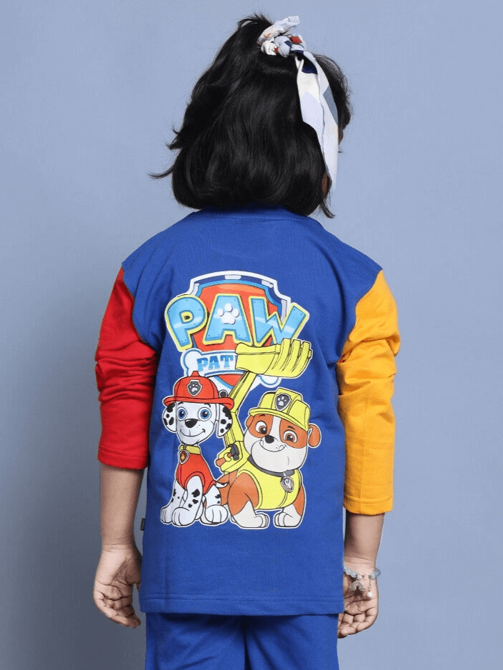 Child wearing blue multi-colored PAW Patrol over-sized sweatshirt, featuring character illustrations on the back. Premium cotton material.