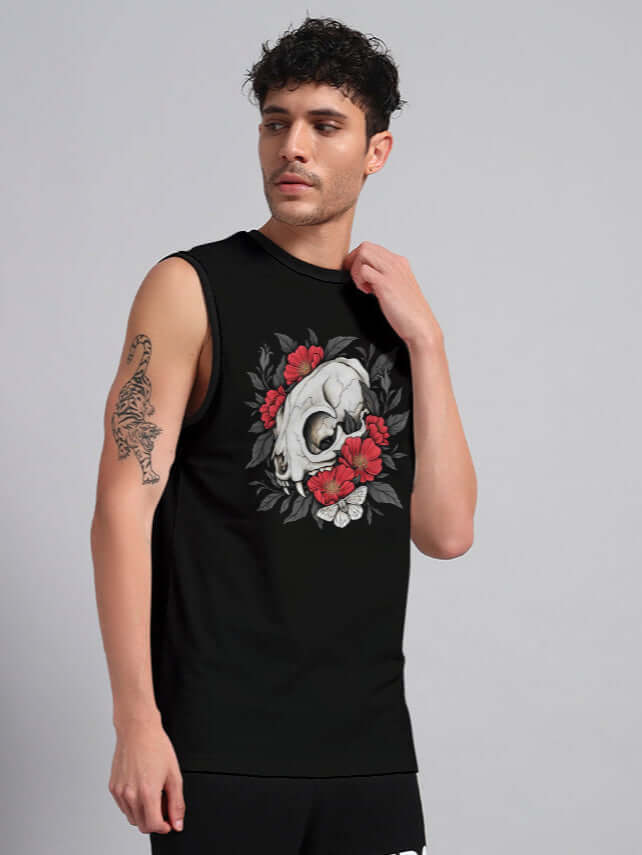 PEONIES SKULL REGULAR FIT T-SHIRT BLACK with skull and peony design modeled by person