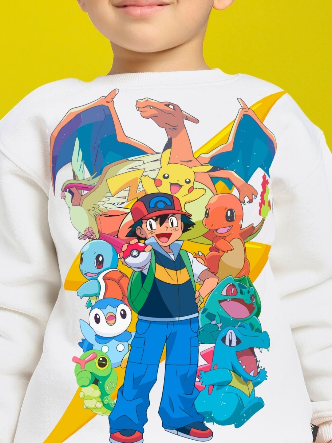 POKEMON TOON FLEECE SWEATSHIRT FOR BOYS AND GIRLS OFF-WHITE featuring vibrant Pokemon characters on a child's sweatshirt.