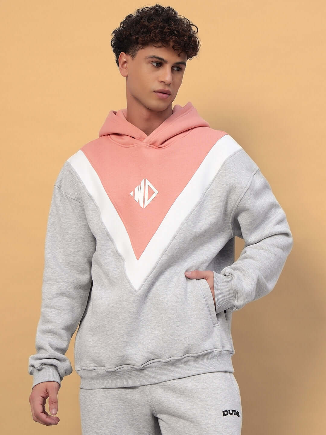 POLAR FLEECE COLORBLOCK HOODIE GREY PEACH on model, showcasing trendy streetwear style with grey base and peach colorblock design.