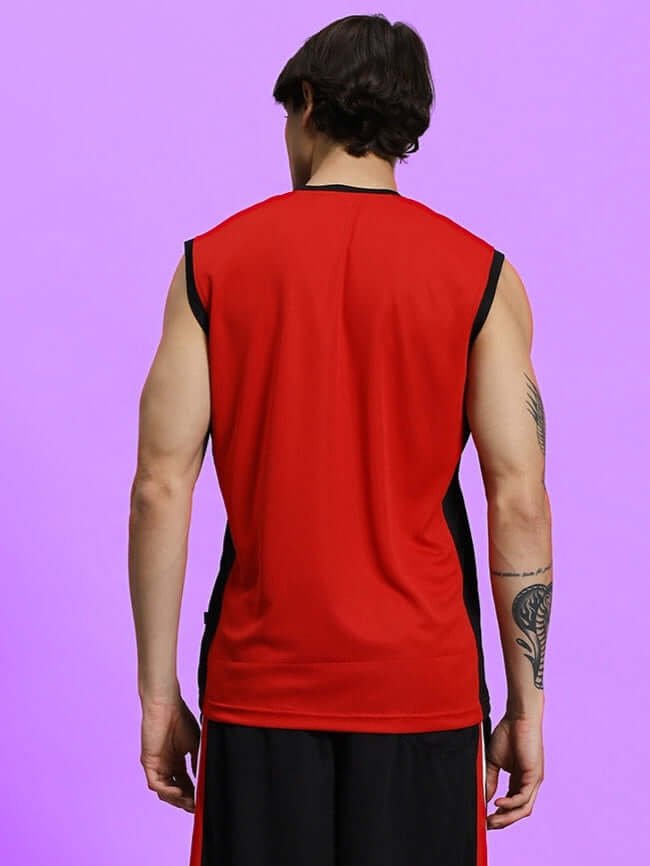 Back view of PORTIA GYM SLEEVELESS T-SHIRT RED on model, perfect for fitness and comfort. Custom fit option available for prepaid orders.