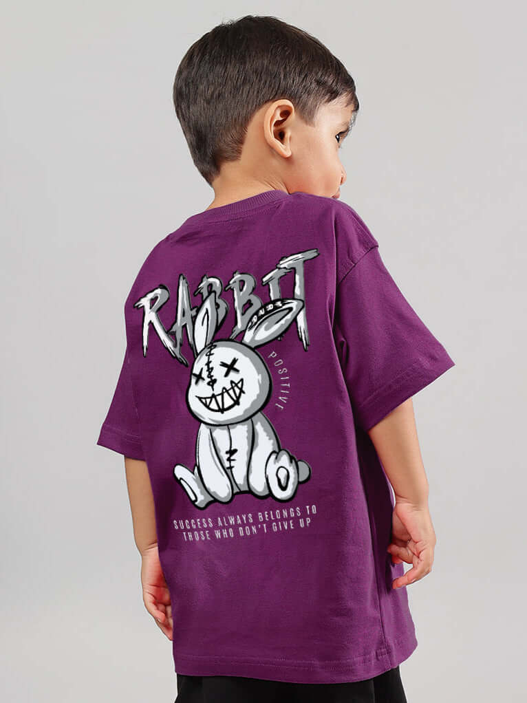 Purple Positive Rabbit T-shirt for boys & girls, featuring a playful rabbit graphic on the back, suitable for custom fit orders.