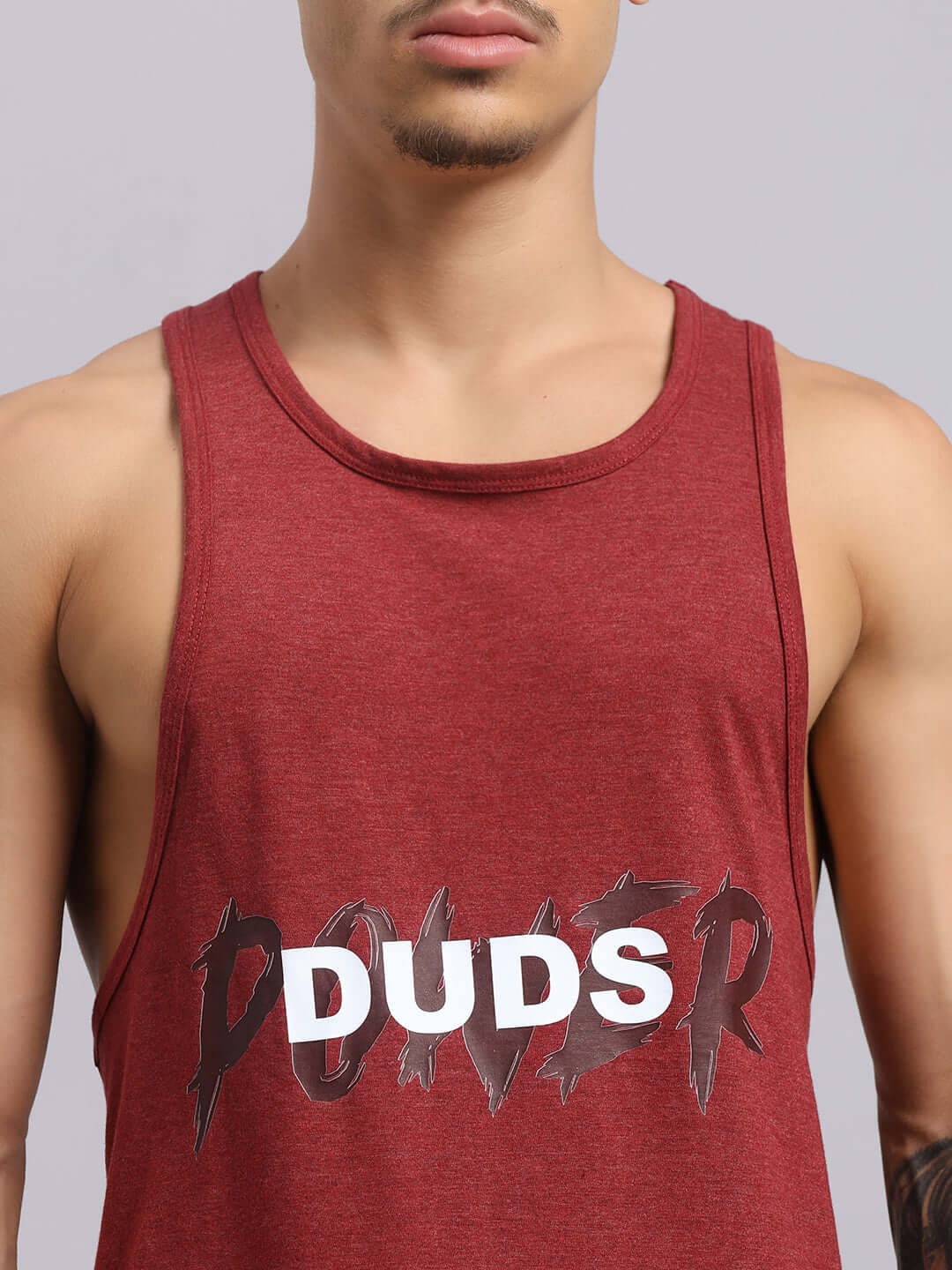 Maroon printed gym t-shirt featuring a stylish design with DUDS logo, available with custom fit option for personalized sizing.