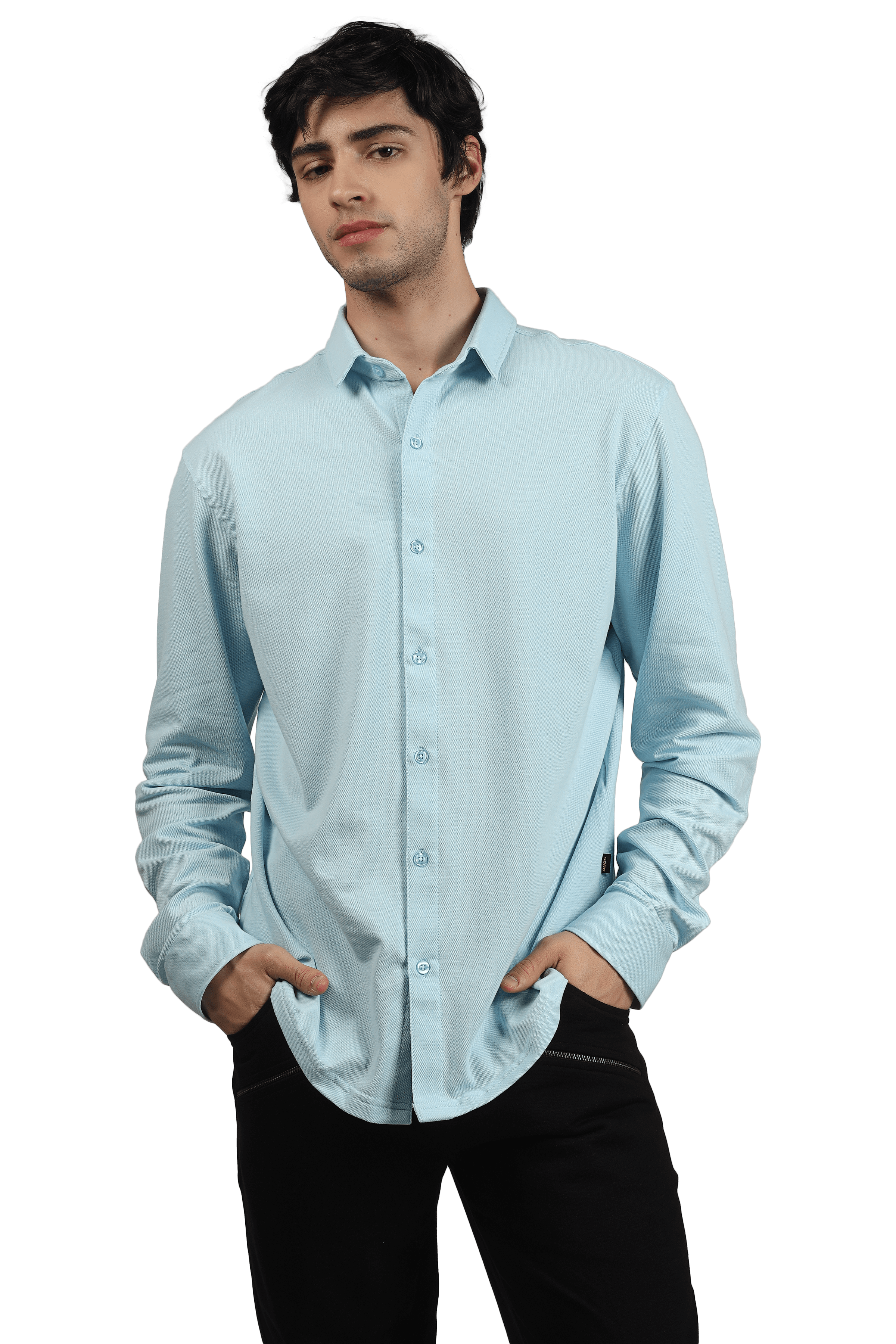 Model wearing Powder Blue Sporty Pique Shirt with full sleeves, showcasing its slim fit and wrinkle-free fabric.