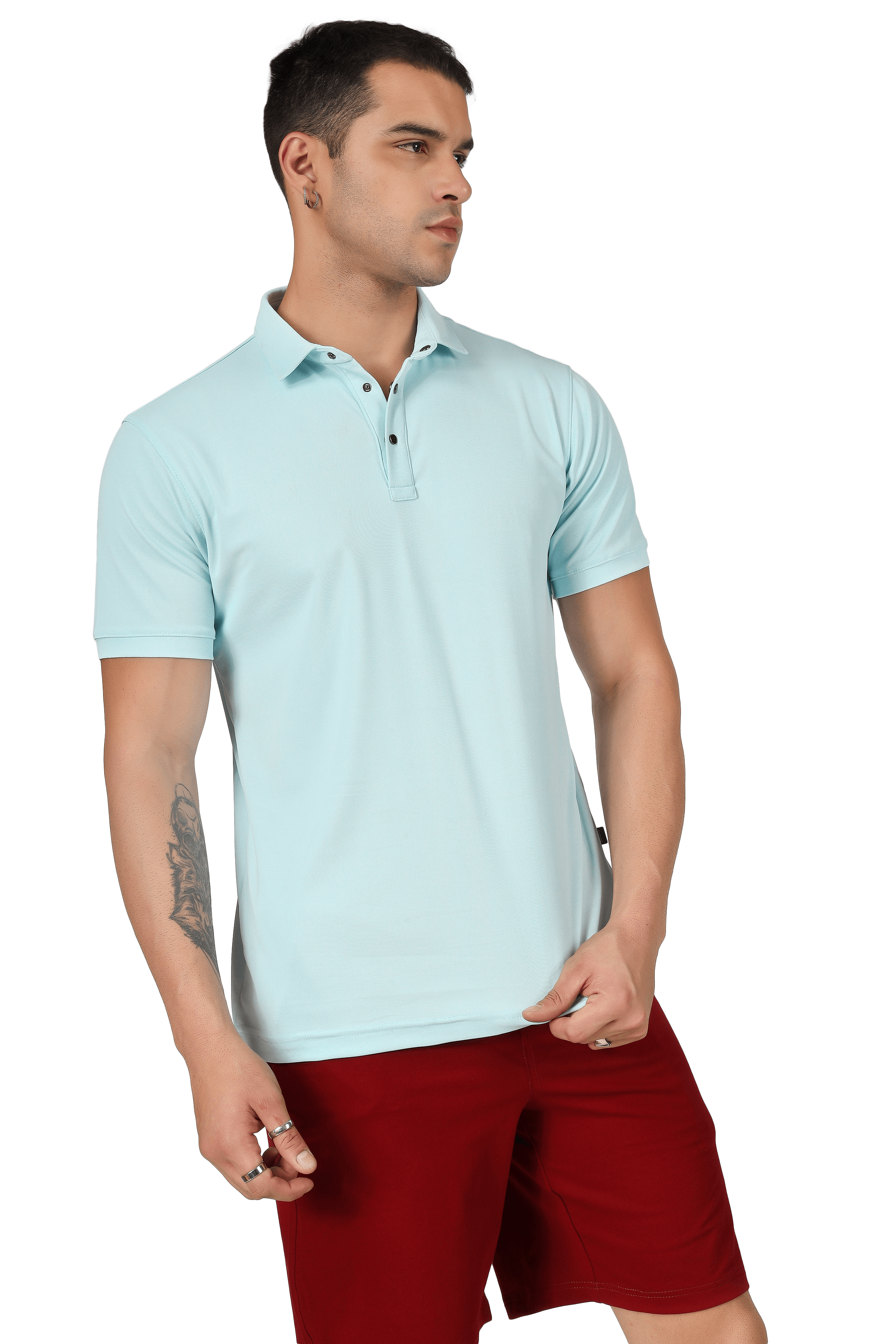 Model wearing a powder blue slim fit polo neck t-shirt with half sleeves, showing four-way stretch and metal button detail.