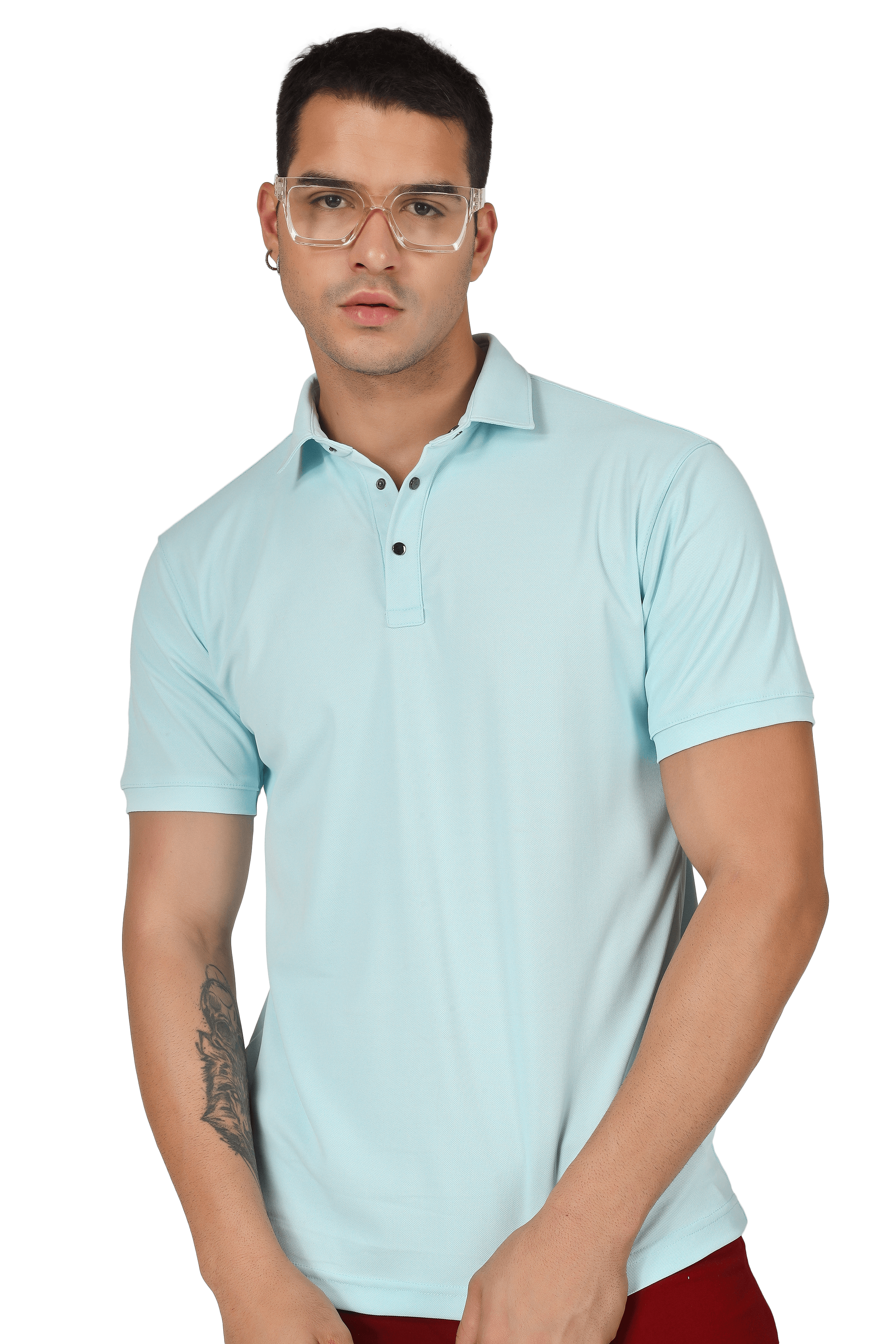 Model wearing a powder blue polo neck T-shirt with half sleeves, showcasing 4-way stretch, and wrinkle-free polyester fabric.