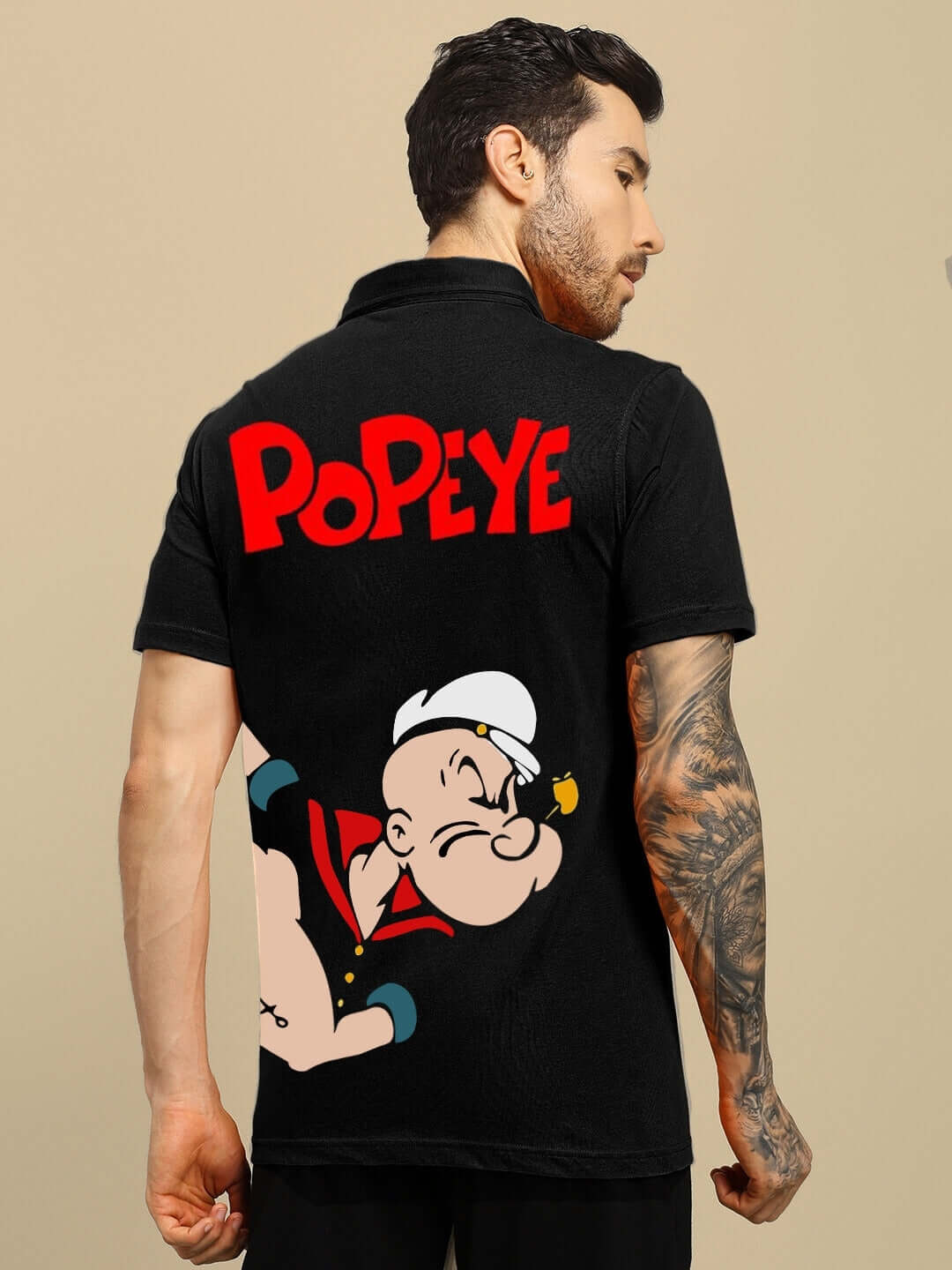 Back view of POWER MEN POPEYE printed black shirt with custom fit option, featuring Popeye graphic design.