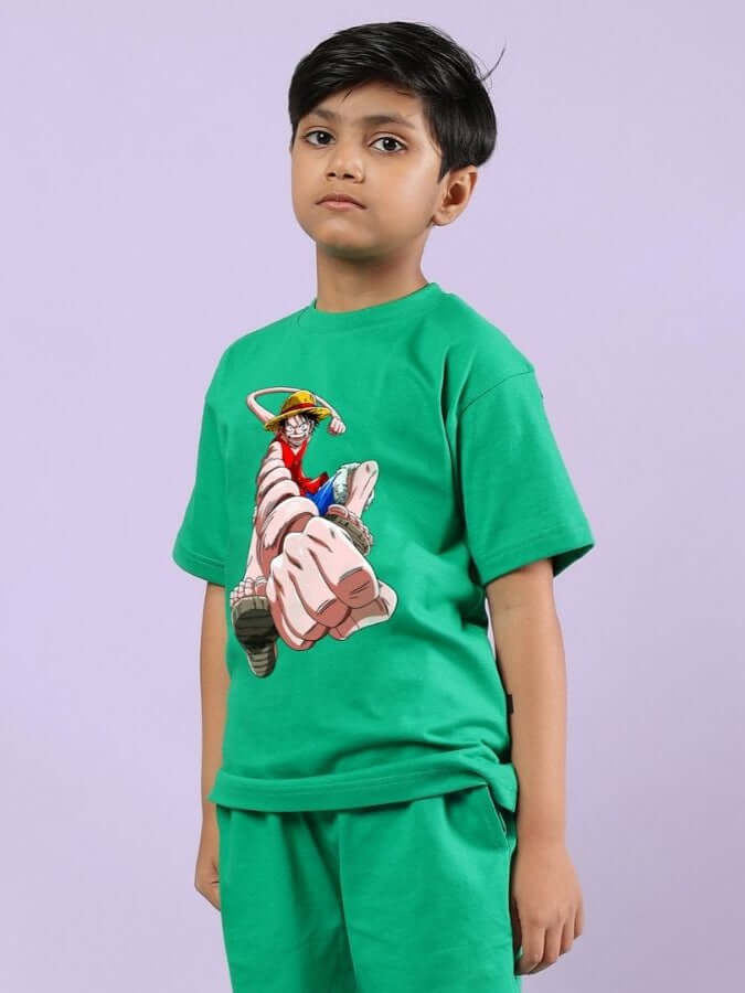 Child wearing Power Punch T-Shirt for Boys and Girls Green, featuring a vibrant design and comfortable fit, ideal for casual wear.