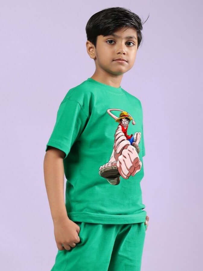 Boy wearing Power Punch T-Shirt for Boys and Girls Green with character print
