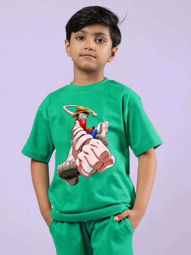 Boy wearing Power Punch T-Shirt for Boys and Girls Green with cartoon design