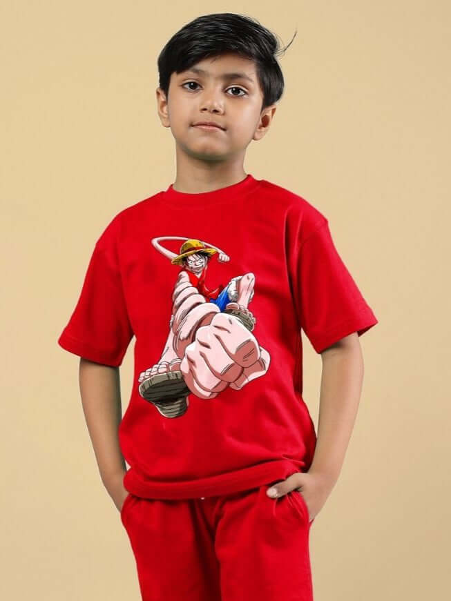 Child wearing Power Punch T-Shirt for Boys and Girls Red, featuring vibrant design, premium cotton-blend for comfort and style.