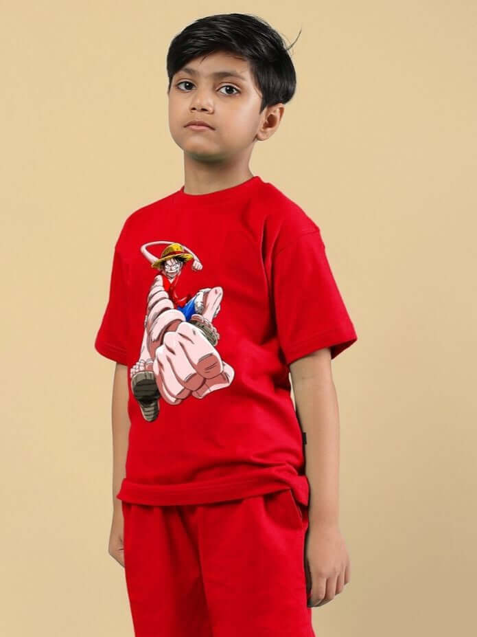 Child wearing POWER PUNCH T-SHIRT FOR BOYS AND GIRLS RED, featuring bold design and comfort for active play.