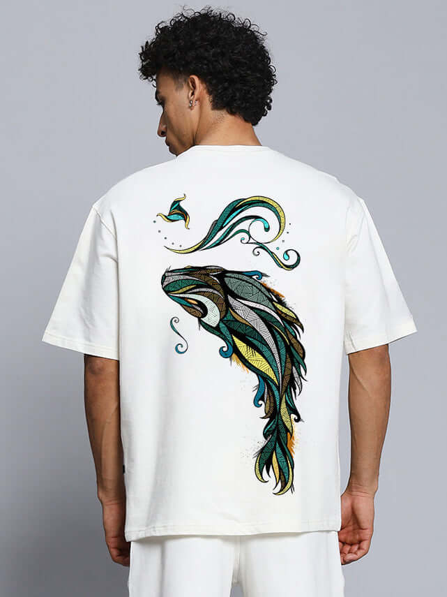 Premium fish print oversized T-shirt in off white, featuring vibrant fish design on the back, made from heavy gauge cotton fabric.