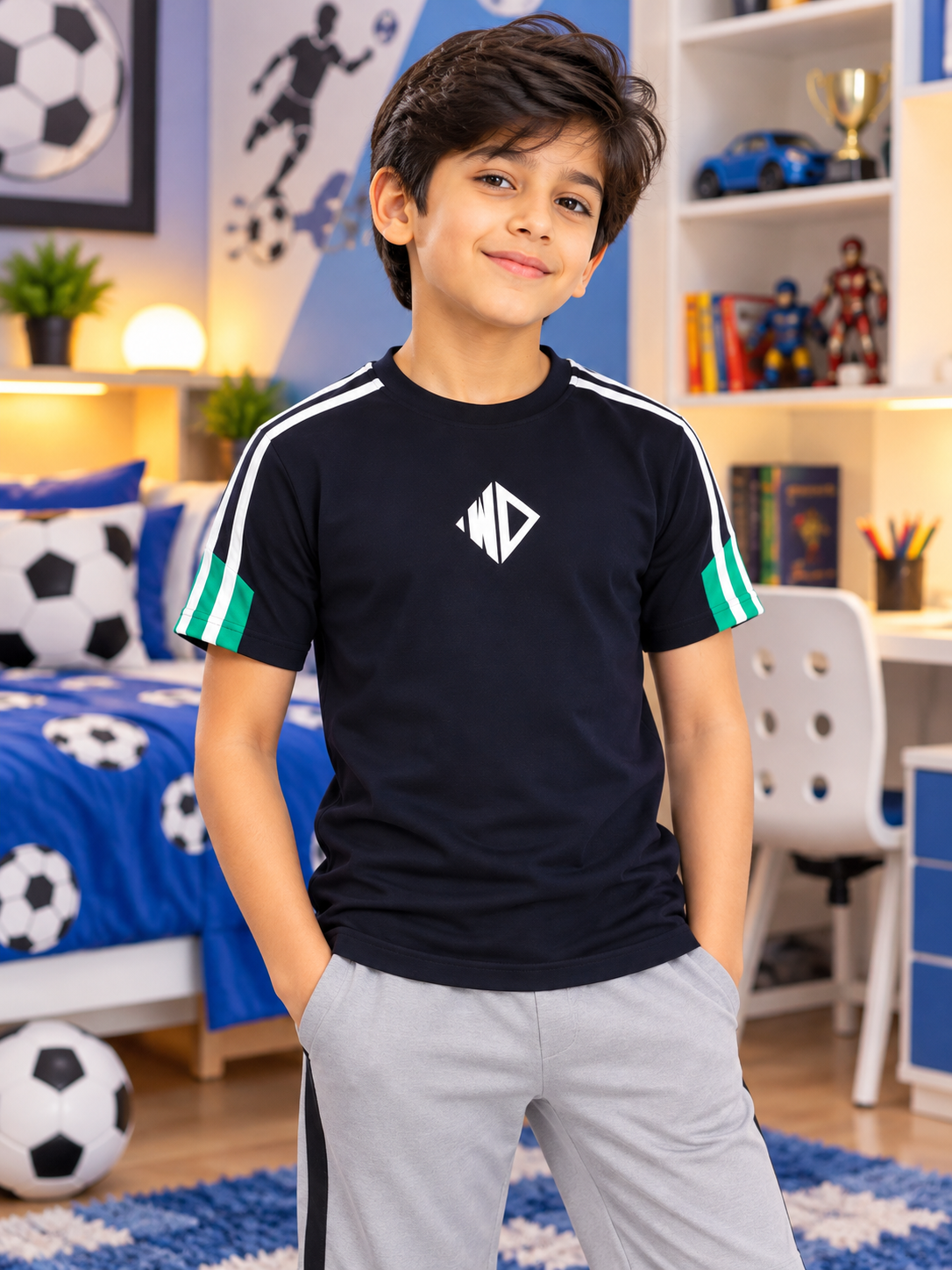 Navy blue regular t-shirt for boys and girls – Prima with white shoulder stripes and green sleeve accents