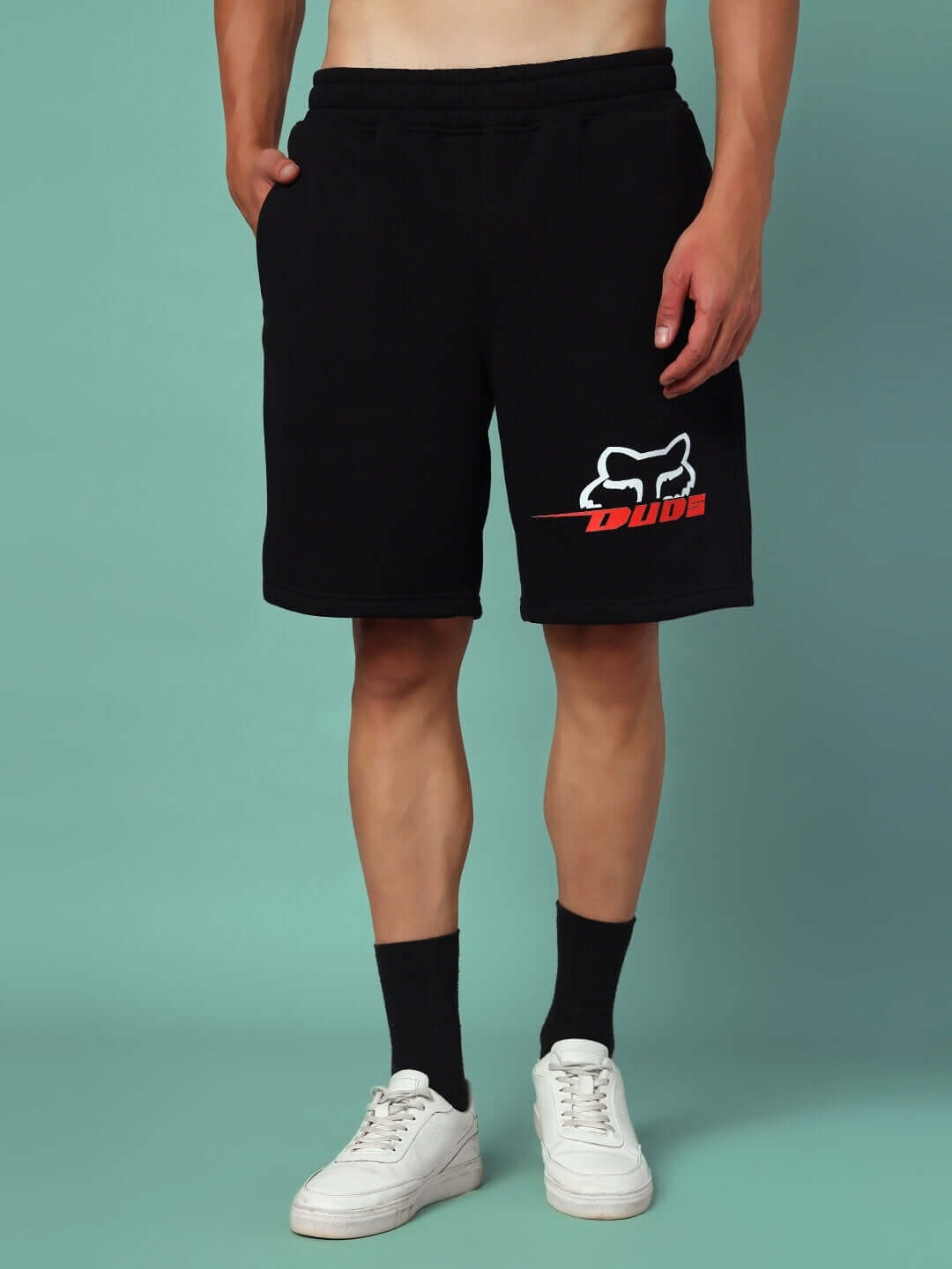 RACING FOX FLEECE CO-ORD WHITE BLACK shorts showcasing bold style with comfort, perfect for streetwear enthusiasts.