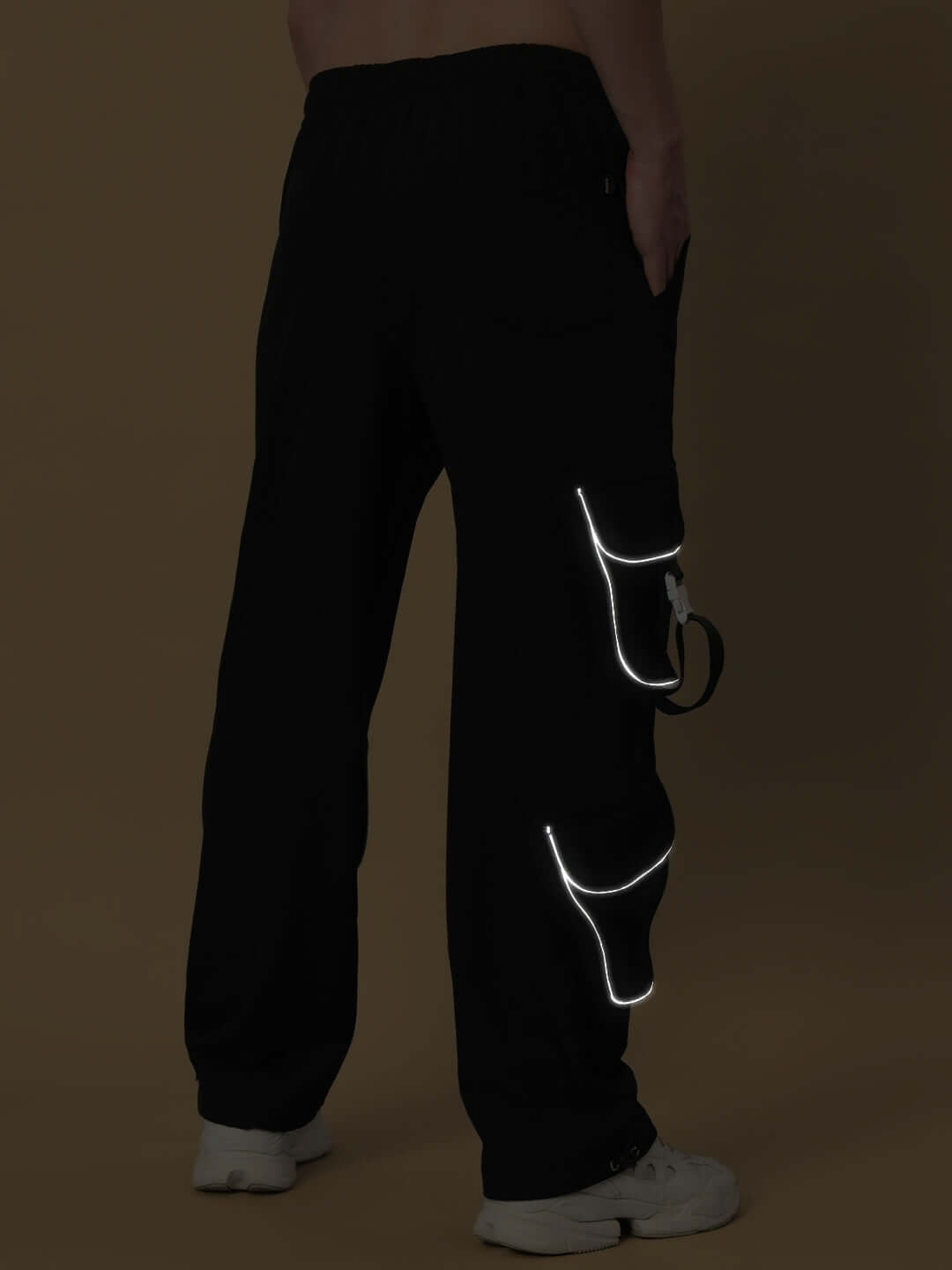 RAGGA Reflector Parachute Cargo Pants in Black, featuring reflective accents and custom fit option. Available for prepaid orders.