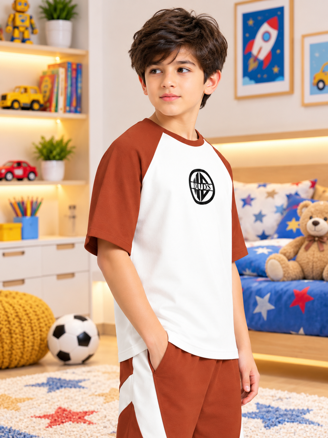 RAGLAN BLOCKED OVERSIZED T-SHIRT FOR KIDS OFF WHITE BROWN worn by boy in cozy bedroom with football and teddy bear