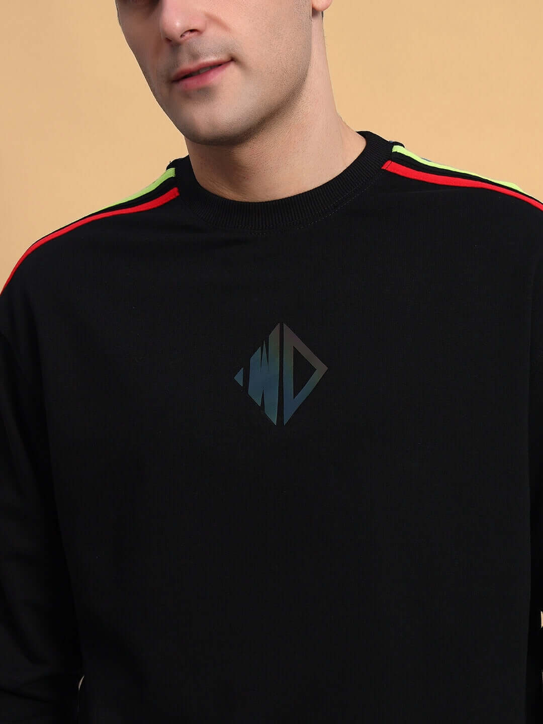 Black rainbow colorblock sweatshirt with red and green shoulder stripes, made by DUDS. Custom fit options available.