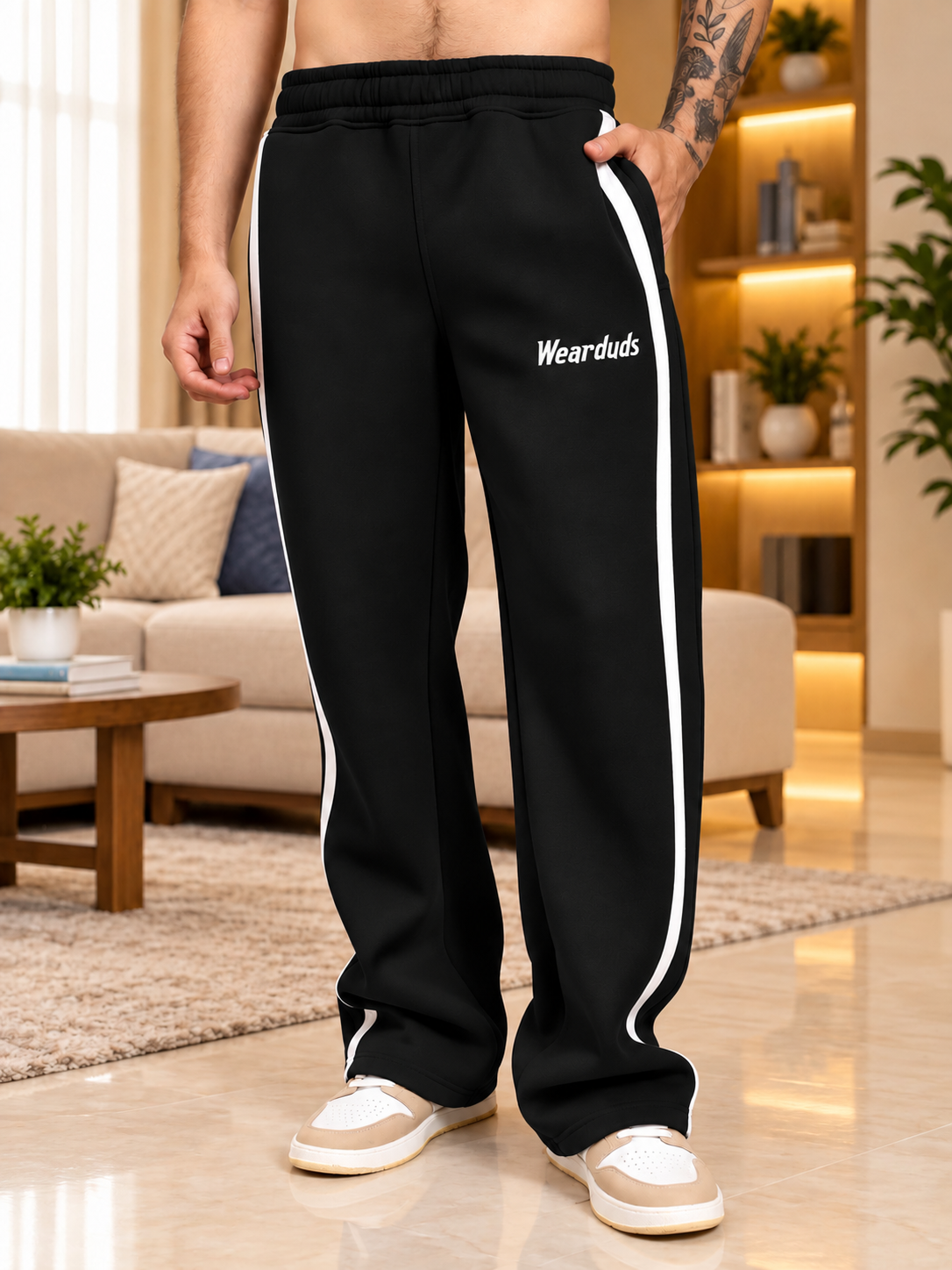 RAPID STRIDE FLEECE JOGGER BLACK with white side stripe, comfy men's streetwear pants styled with sneakers