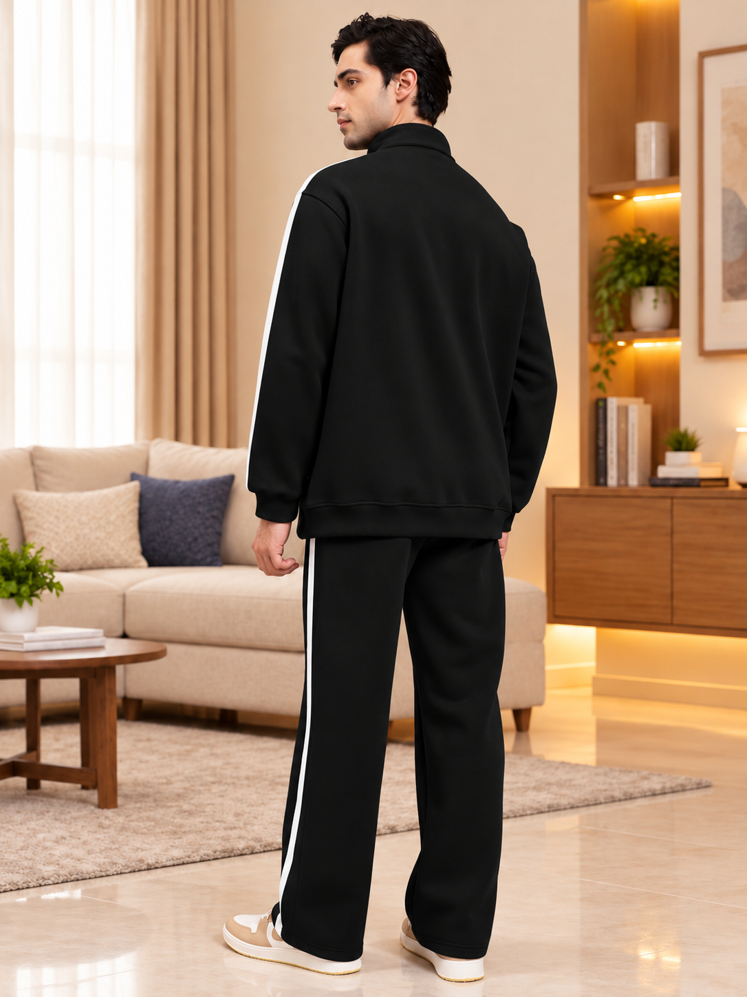 Man wearing RAPID STRIDE FLEECE JOGGER BLACK set with white side stripes, back view in a cozy living room