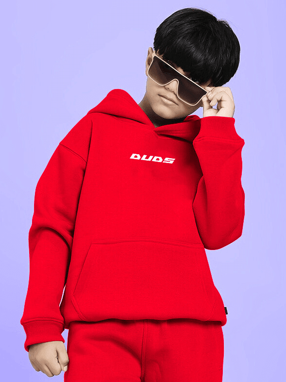 NEVER BE MY RIVAL PRINT FLEECE HOODIE FOR BOYS AND GIRLS RED worn by child in stylish pose