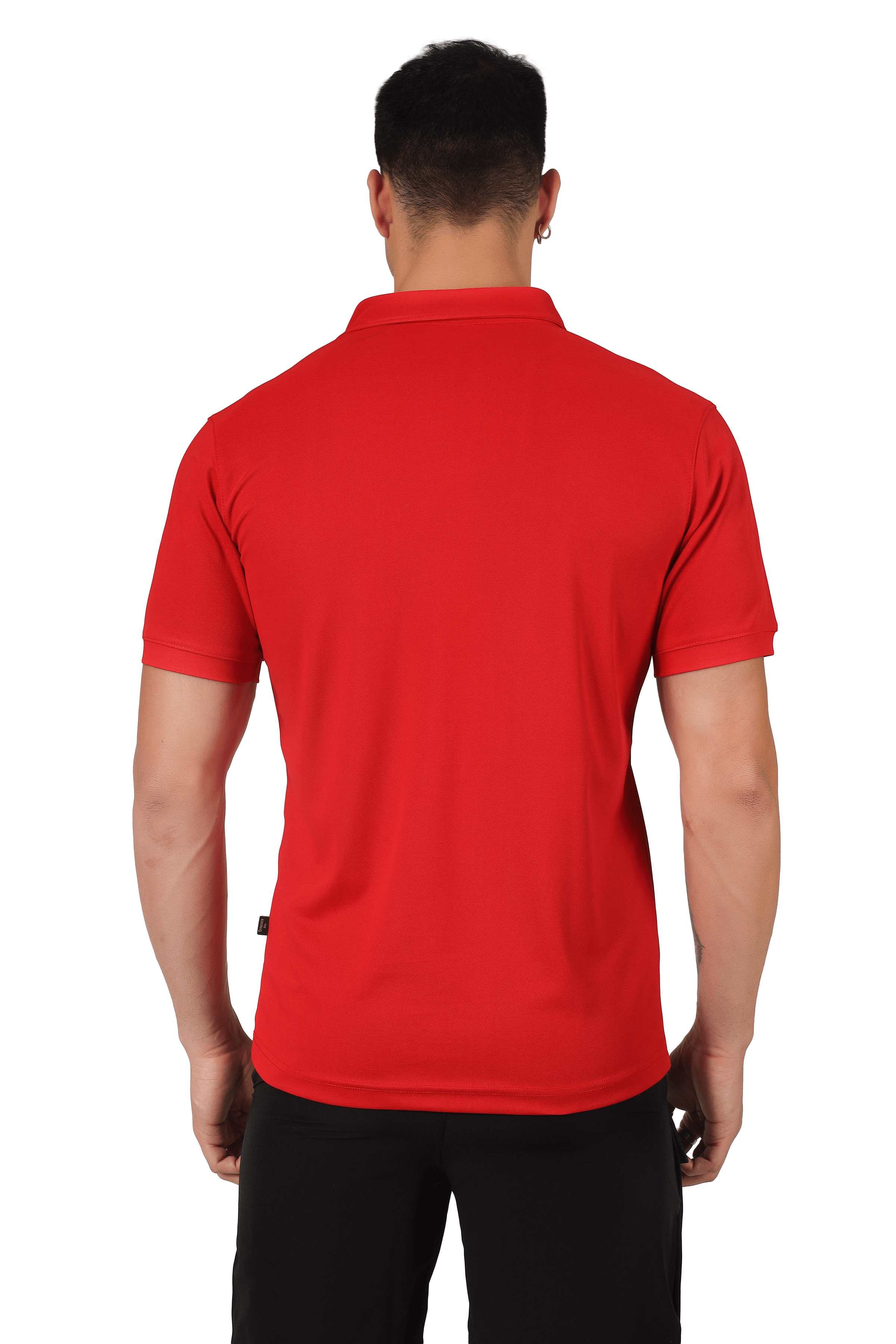 Back view of a red polo neck t-shirt with half sleeves, featuring wrinkle-free, superior stretch fabric, worn by a model for large size fit.
