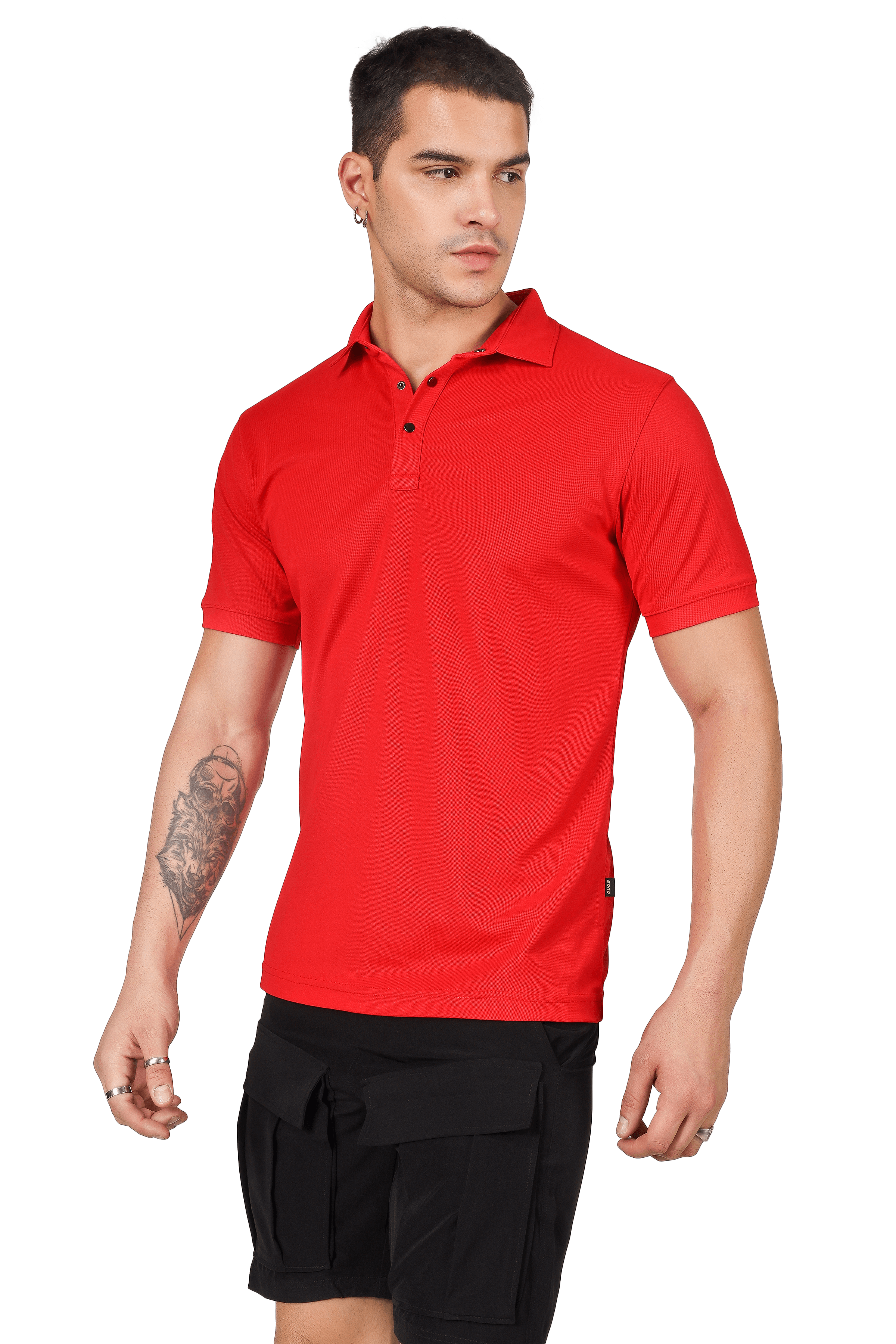 Red polo neck T-shirt with half sleeves, featuring a slim fit and metal button detail, worn by model showcasing sporty pique fabric.