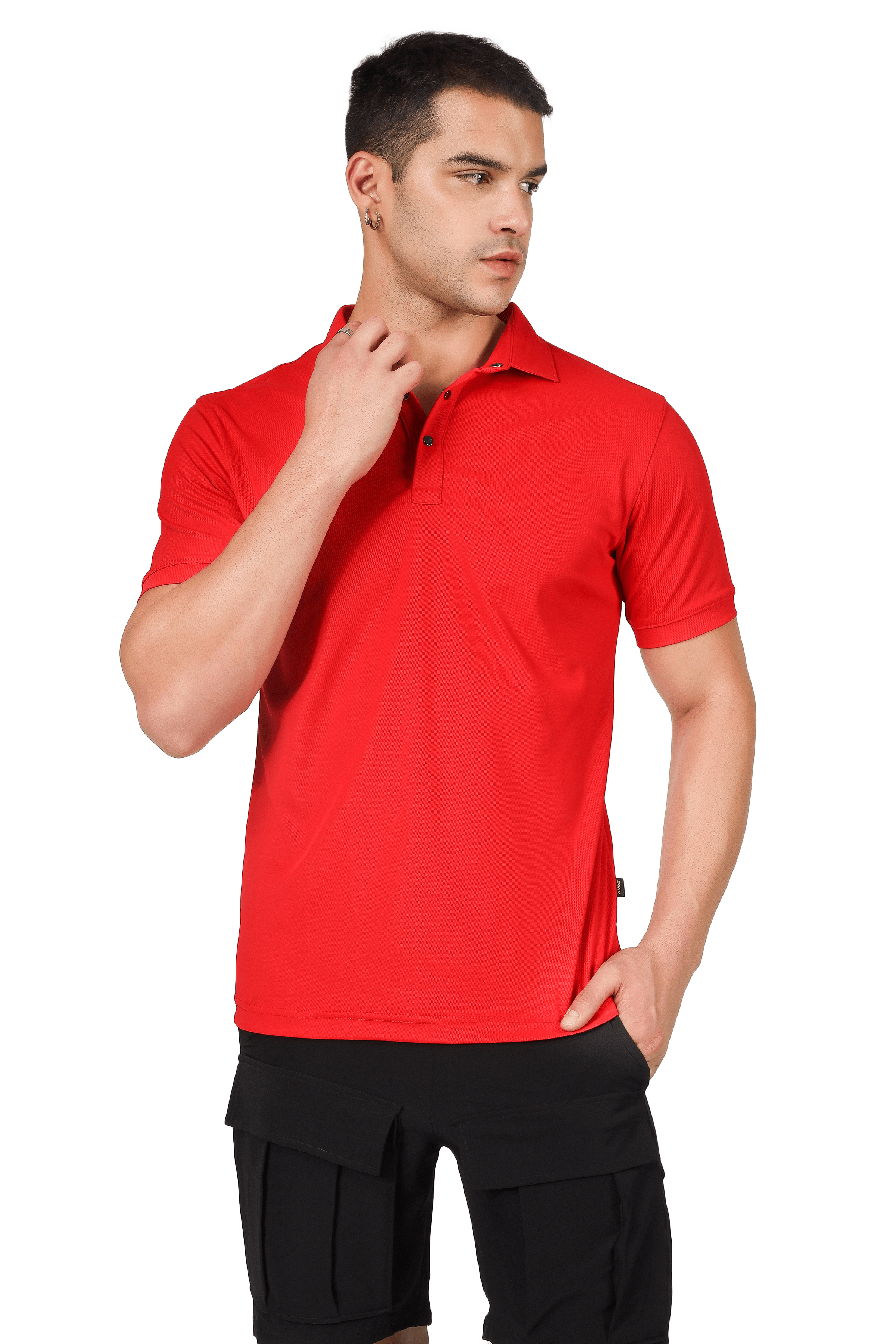 Red polo neck t-shirt with half sleeves, metal front button, worn by a model. Features 4-way stretch and wrinkle-free polyester fabric.