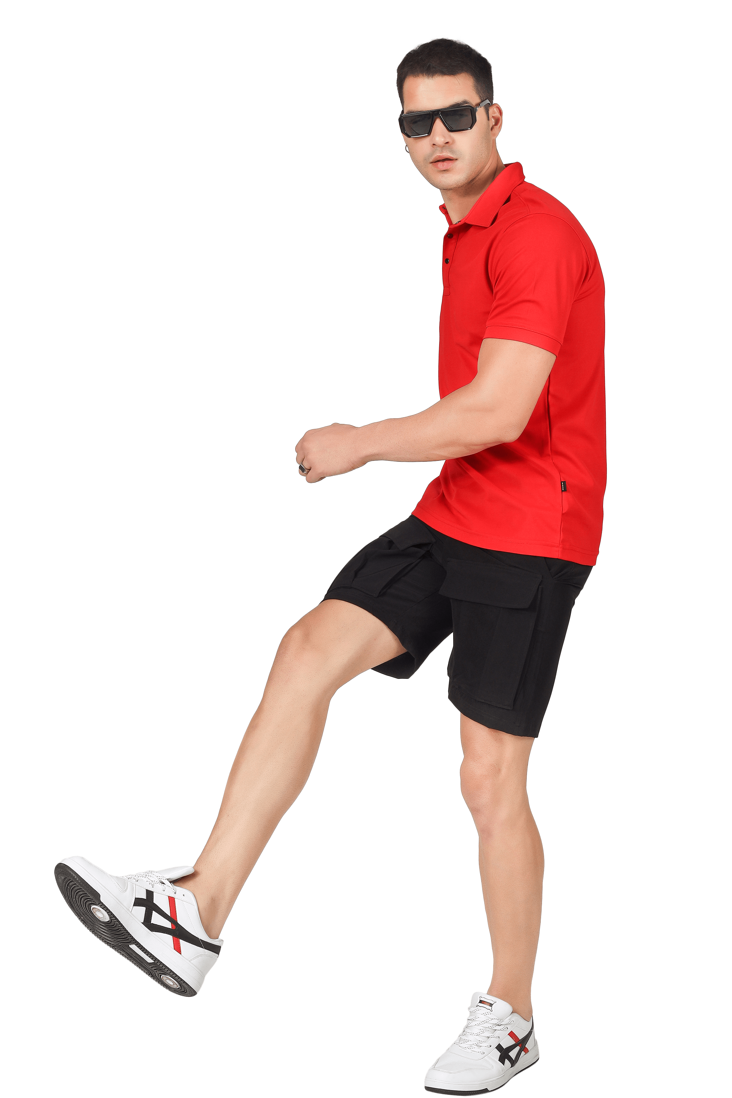 Model wearing red polo neck T-shirt with half sleeves, stretch fabric, and metal button. Ideal for sporty, wrinkle-free comfort.