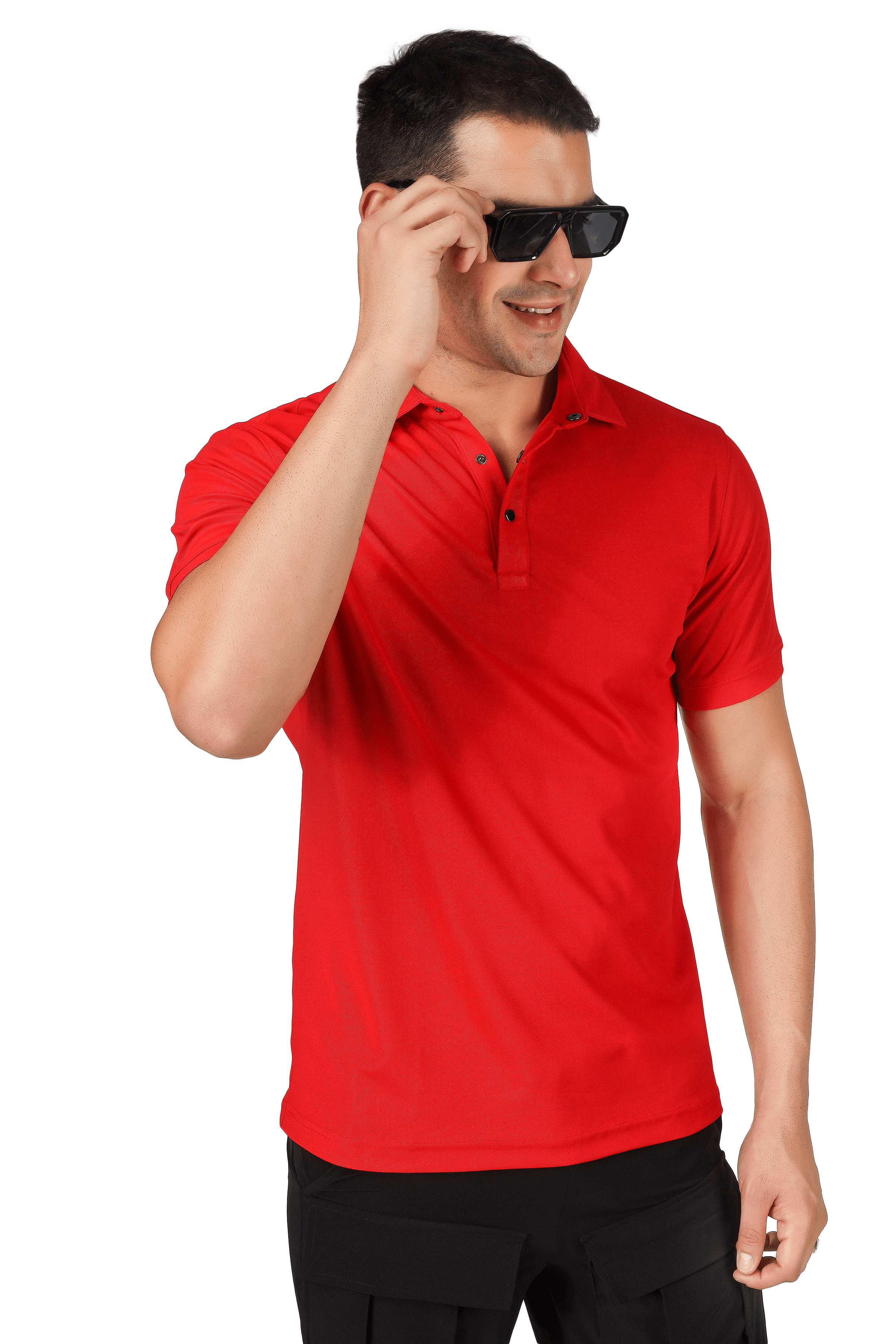 Man wearing a red polo neck t-shirt with half sleeves, metal button front, made of sporty pique, showcasing comfort and style.