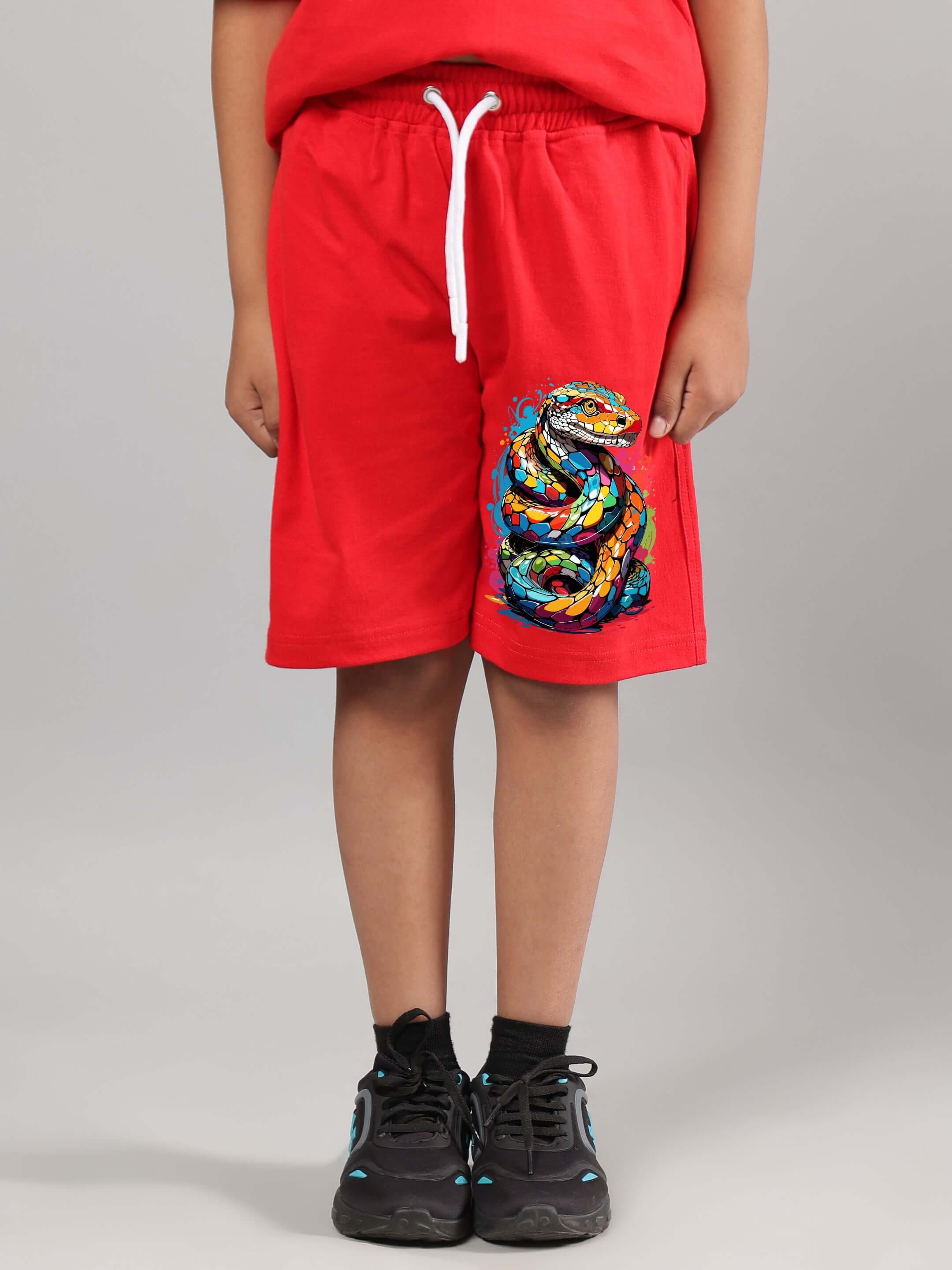 Red shorts with snake skin pattern for boys and girls, customizable fit, perfect for comfortable and stylish children's clothing.