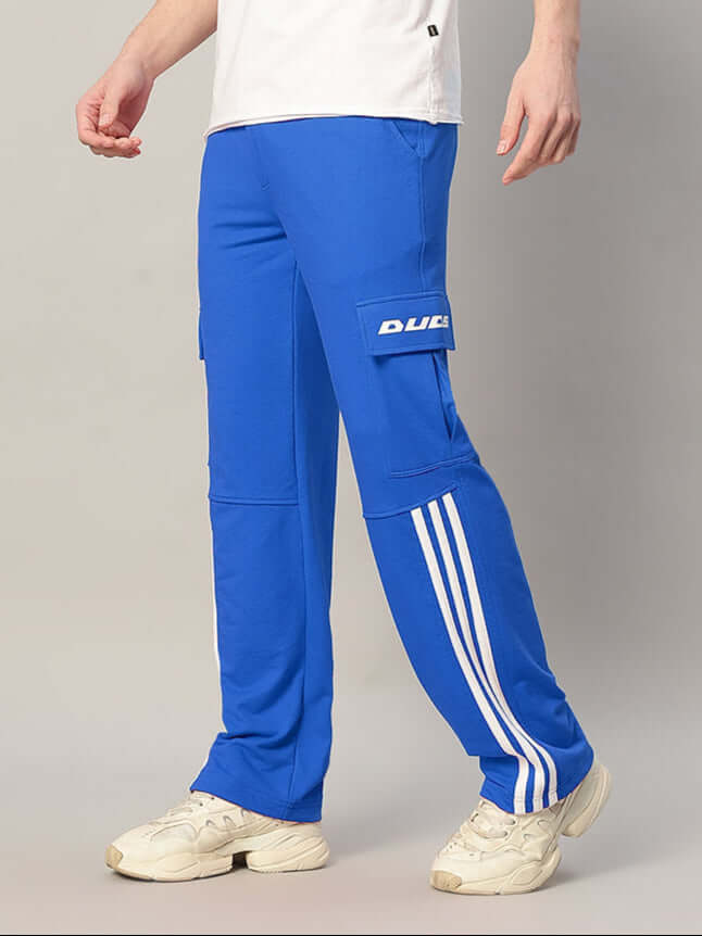 "REDROIT Relaxed Fit Joggers in Blue by DUDS, featuring 5 pockets and customizable fit options, perfect for a comfortable and stylish look."